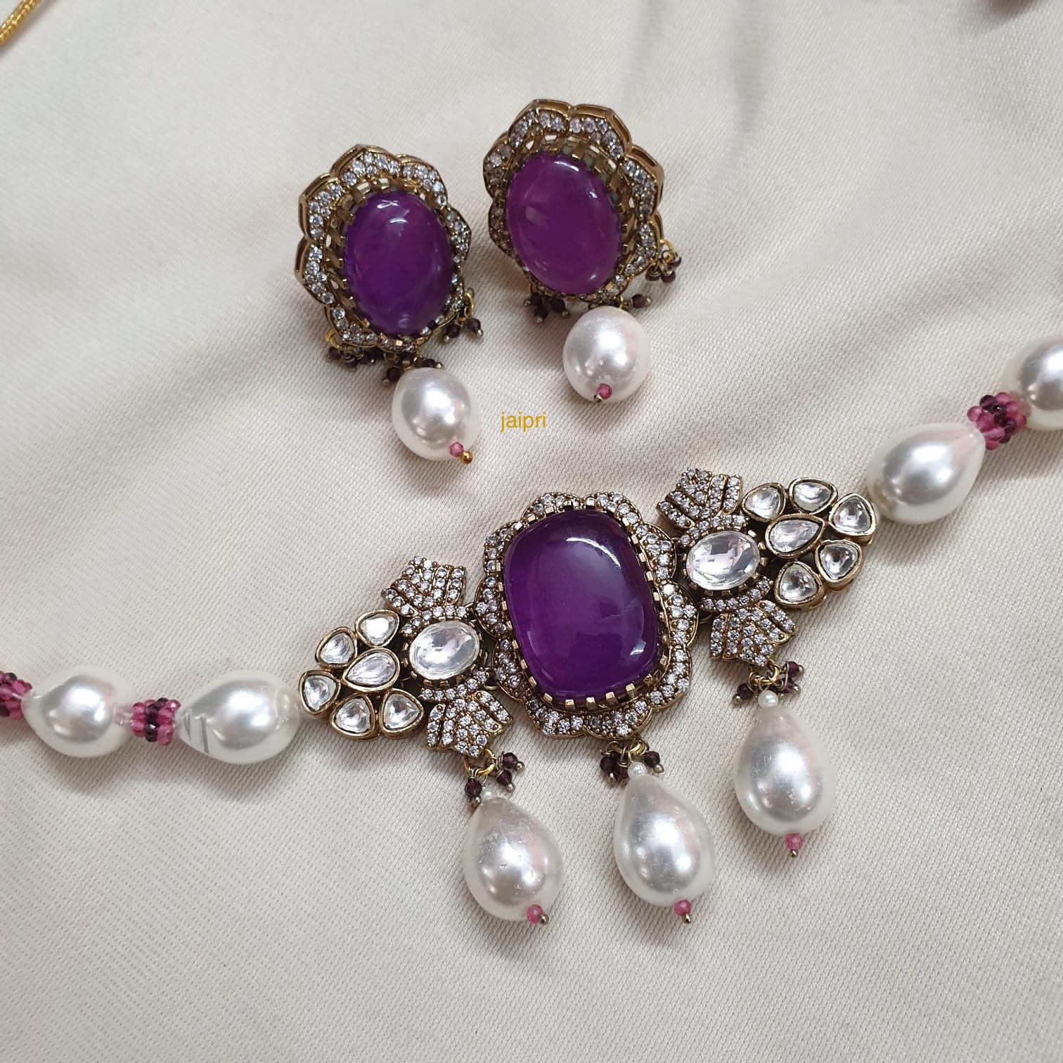 Purple Doublet Stone Kundan Shell Pearl Choker Necklace