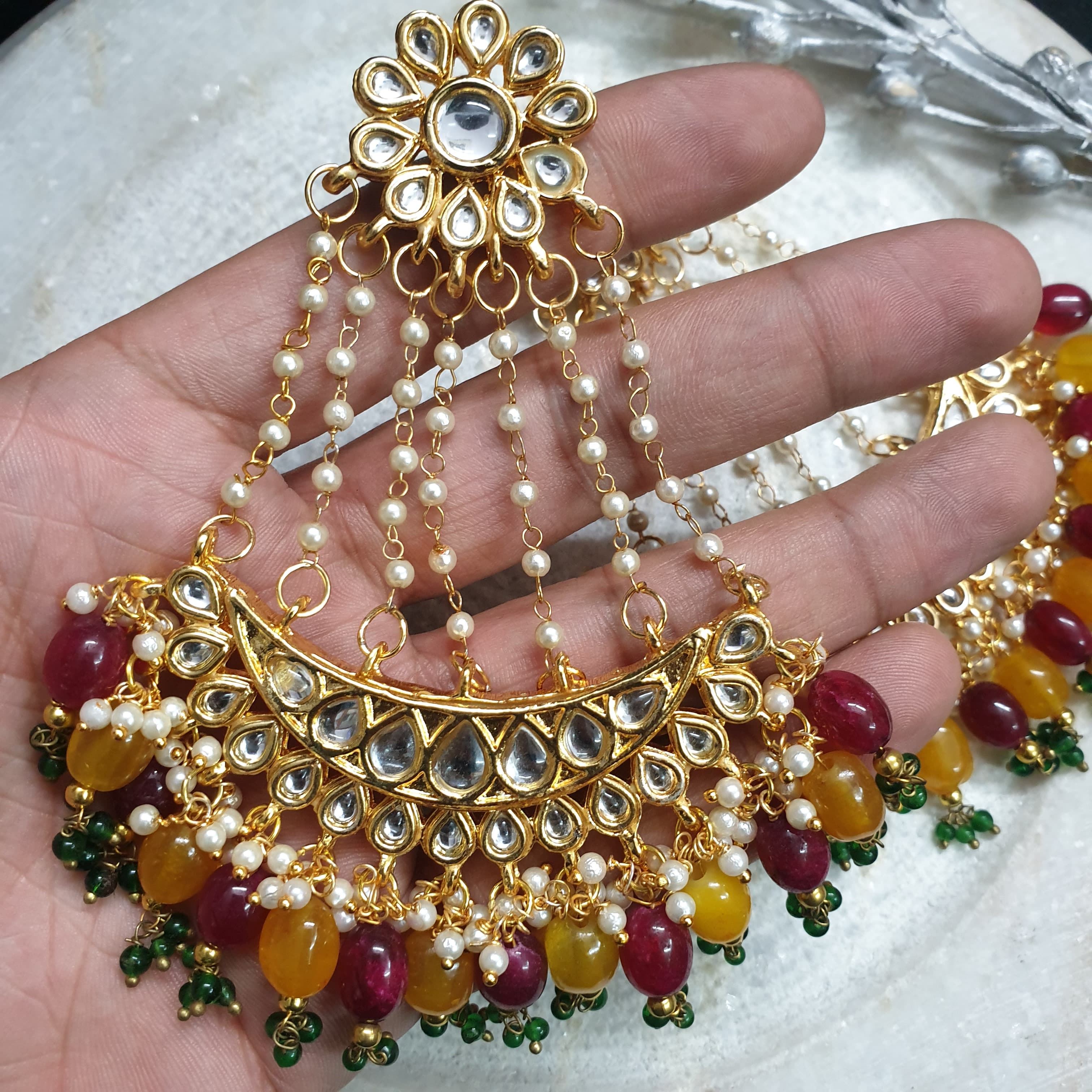 Red Yellow Kundan Long Chandbali Earrings - Main Image