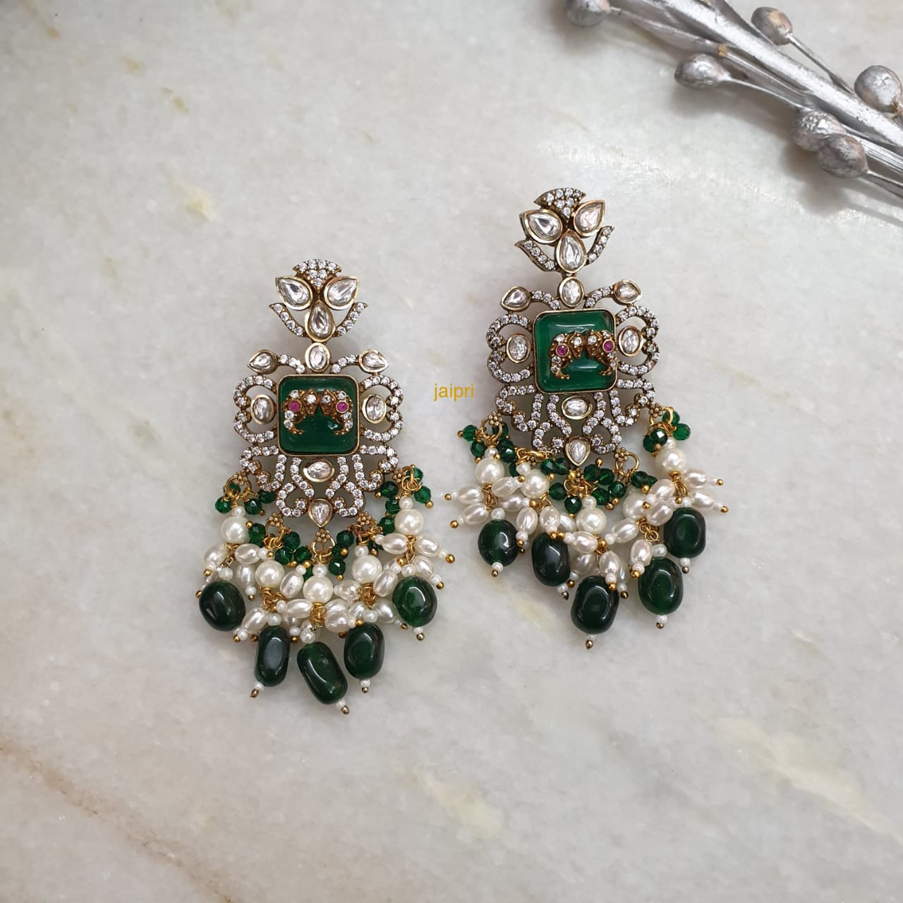 Kundan AD Fusion Green Earrings