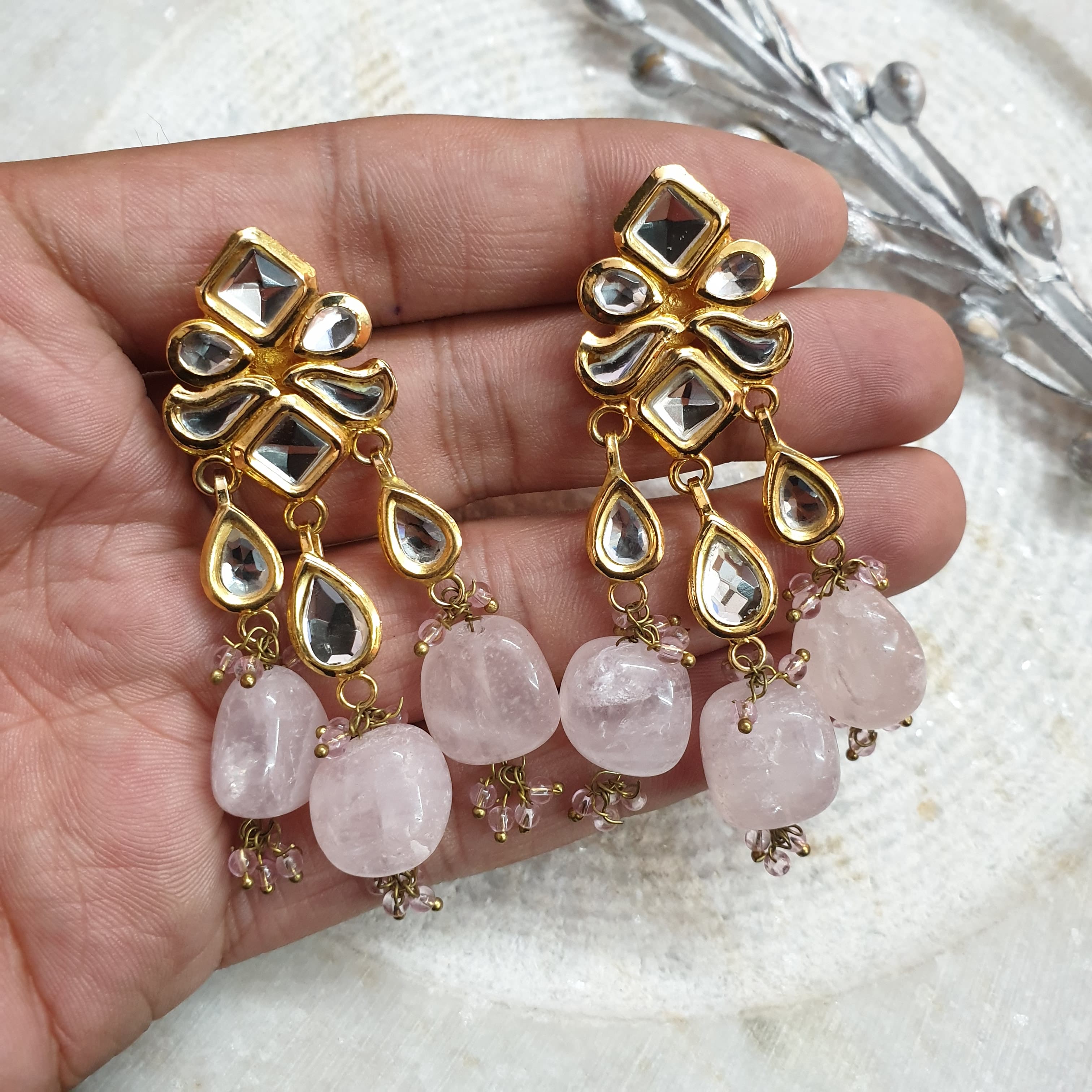 22k Gold Plated Pink Drop Kundan Earrings – Jaipri