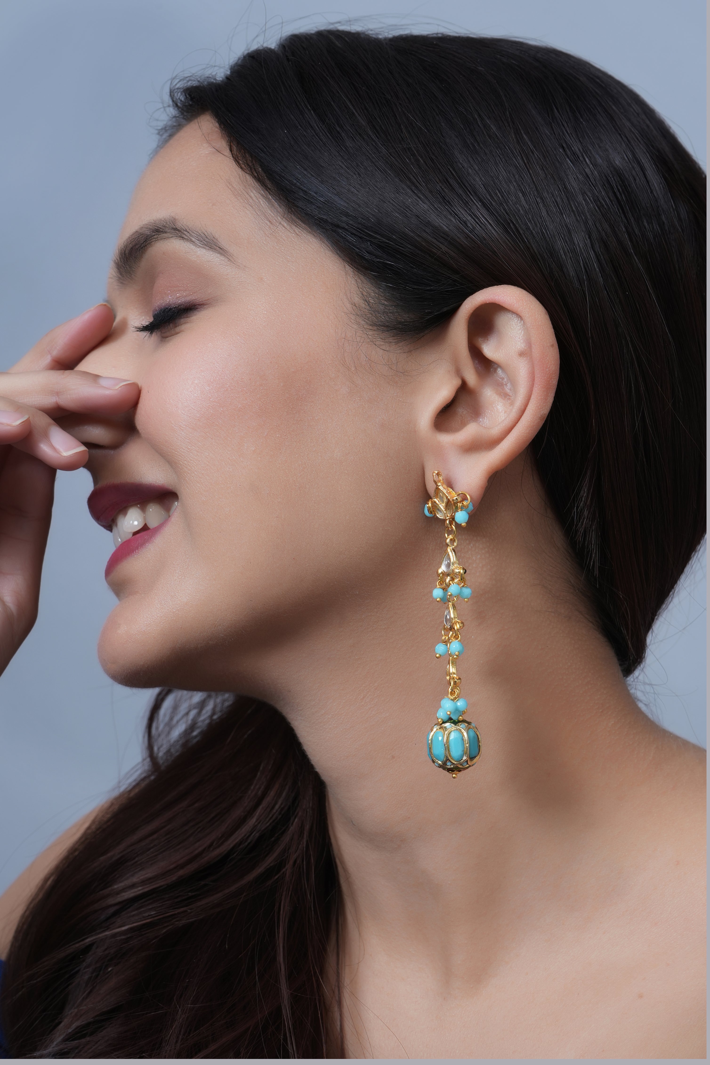 Delicate Turquoise Jadau Bead Kundan Earrings