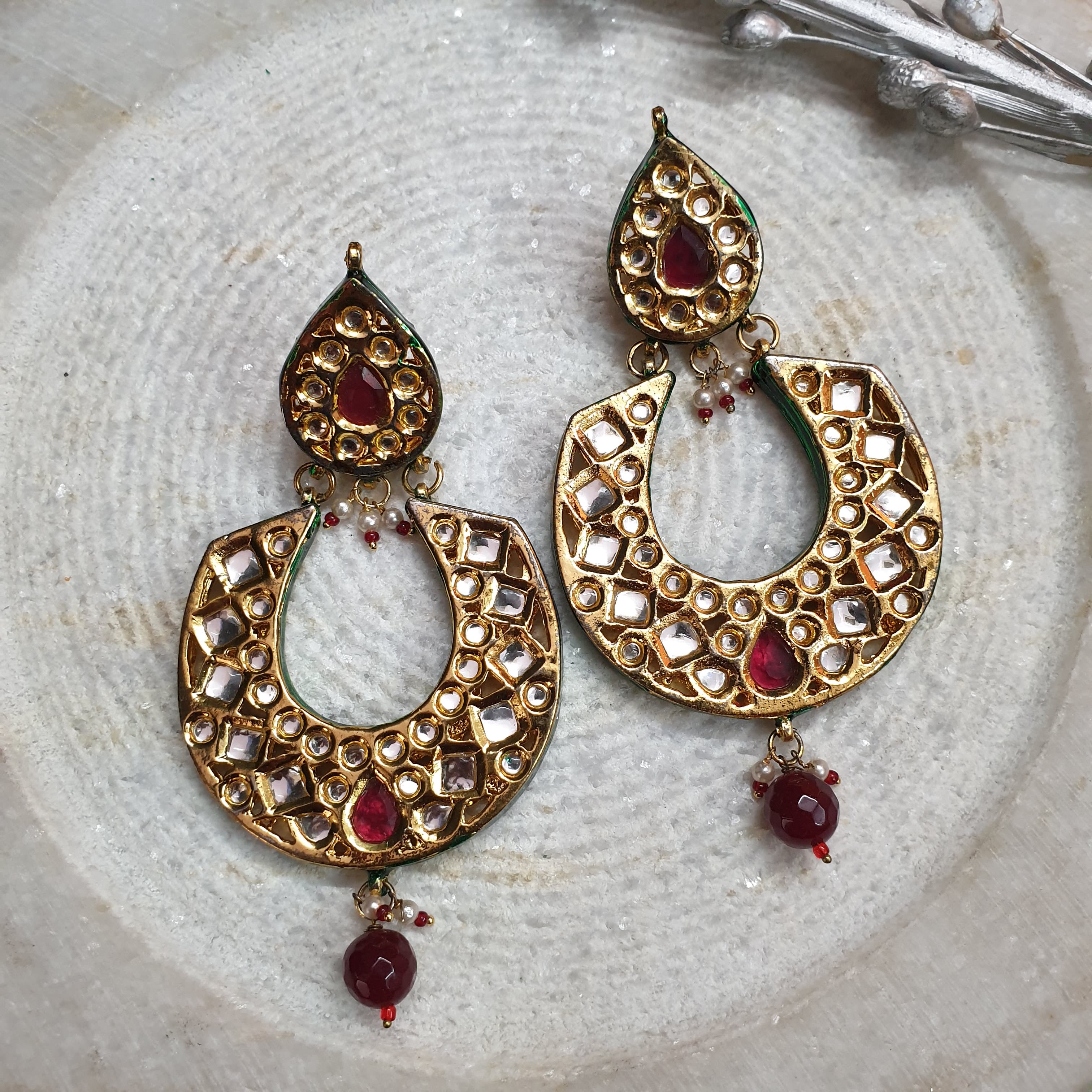 Kundan Red Stone Chandbali Earrings