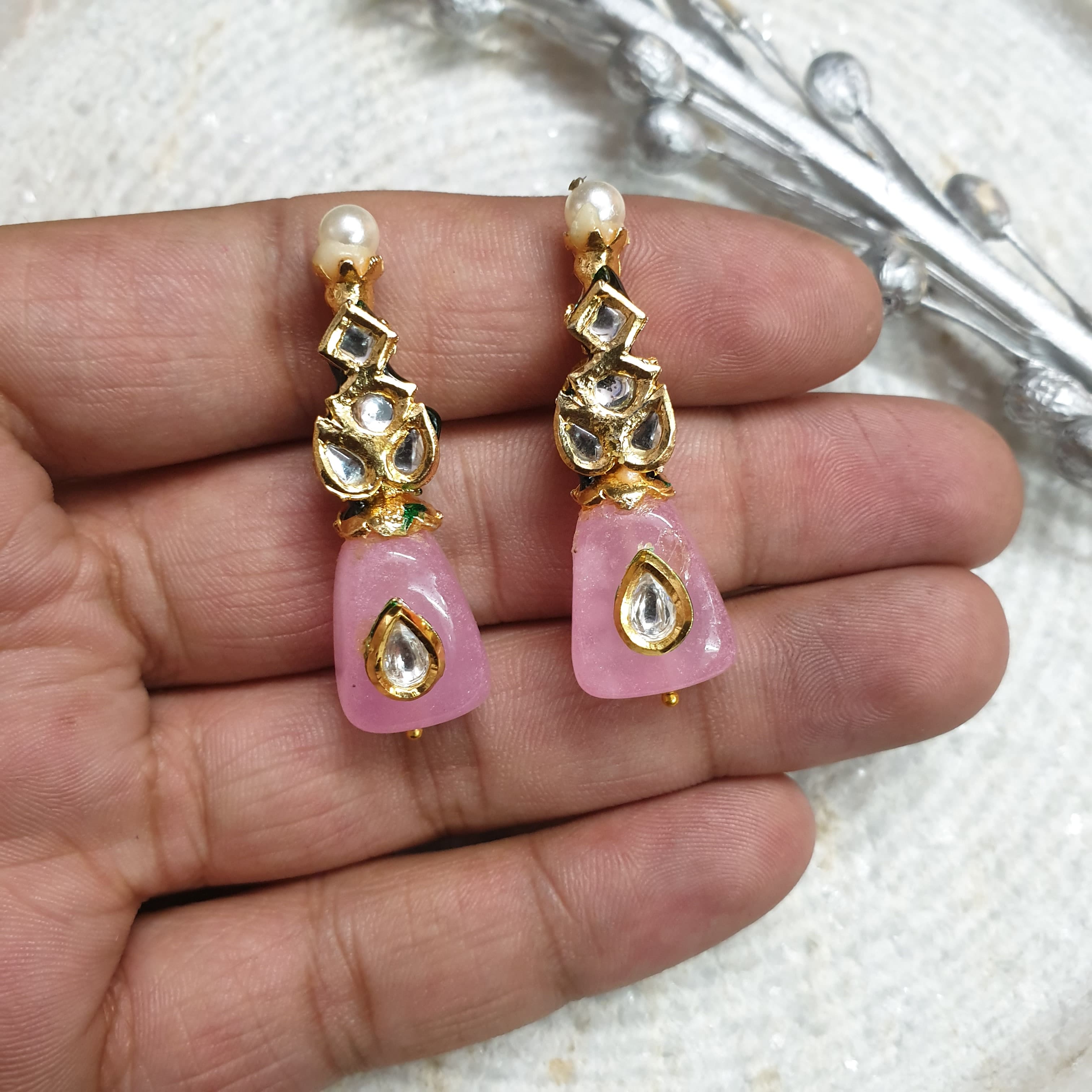 Pink Stone Kundan Small Earrings