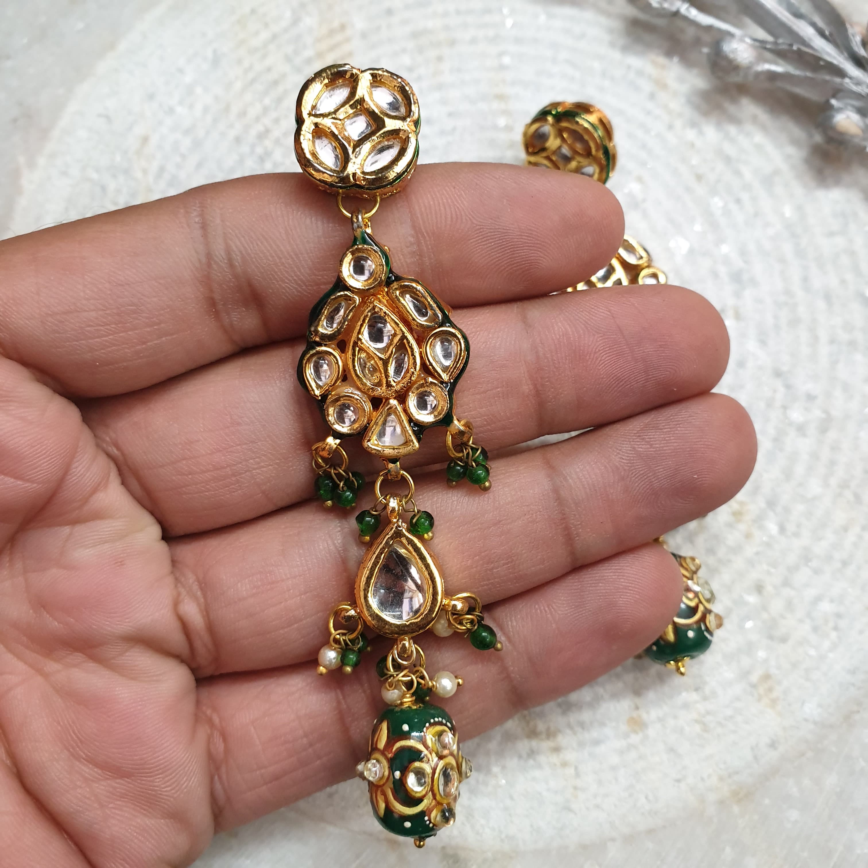 Kundan Long Earrings With Handpainted Beads