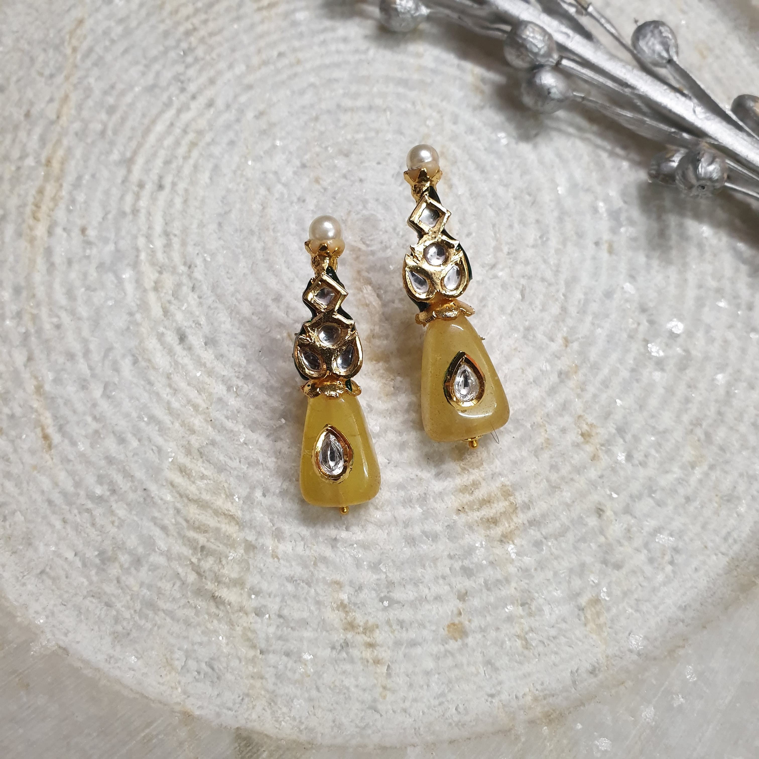 Yellow Stone Kundan Small Earrings