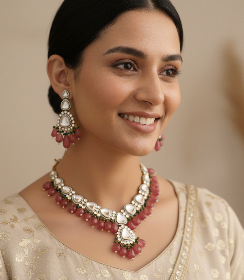 Kundan Polki Tourmaline Beaded Necklace With Earrings