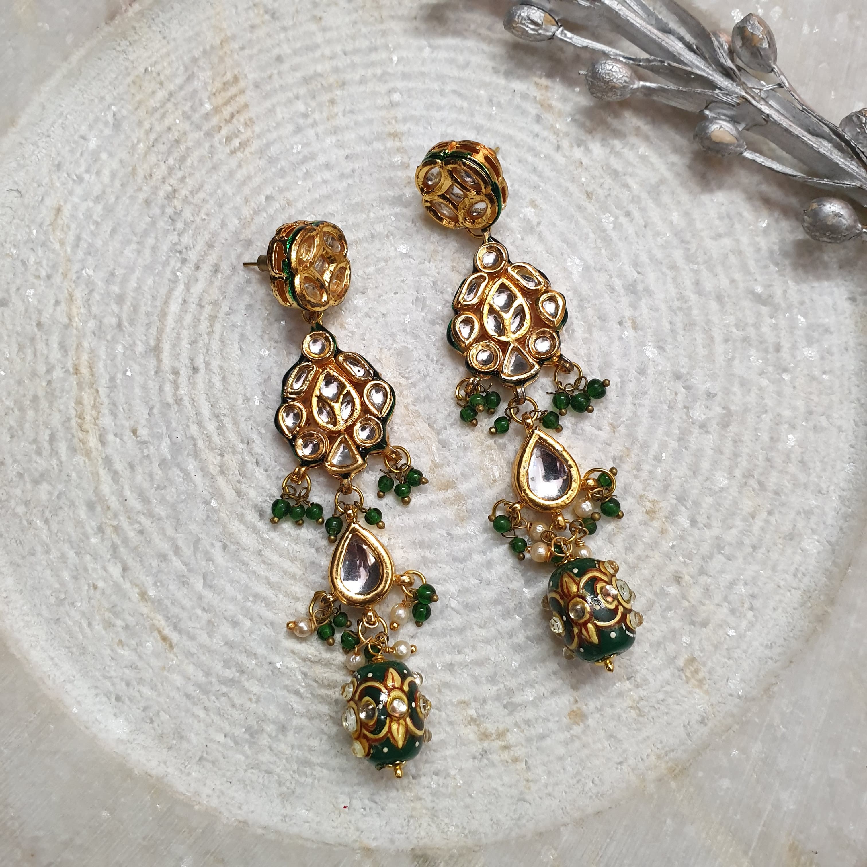 Kundan Long Earrings With Handpainted Beads