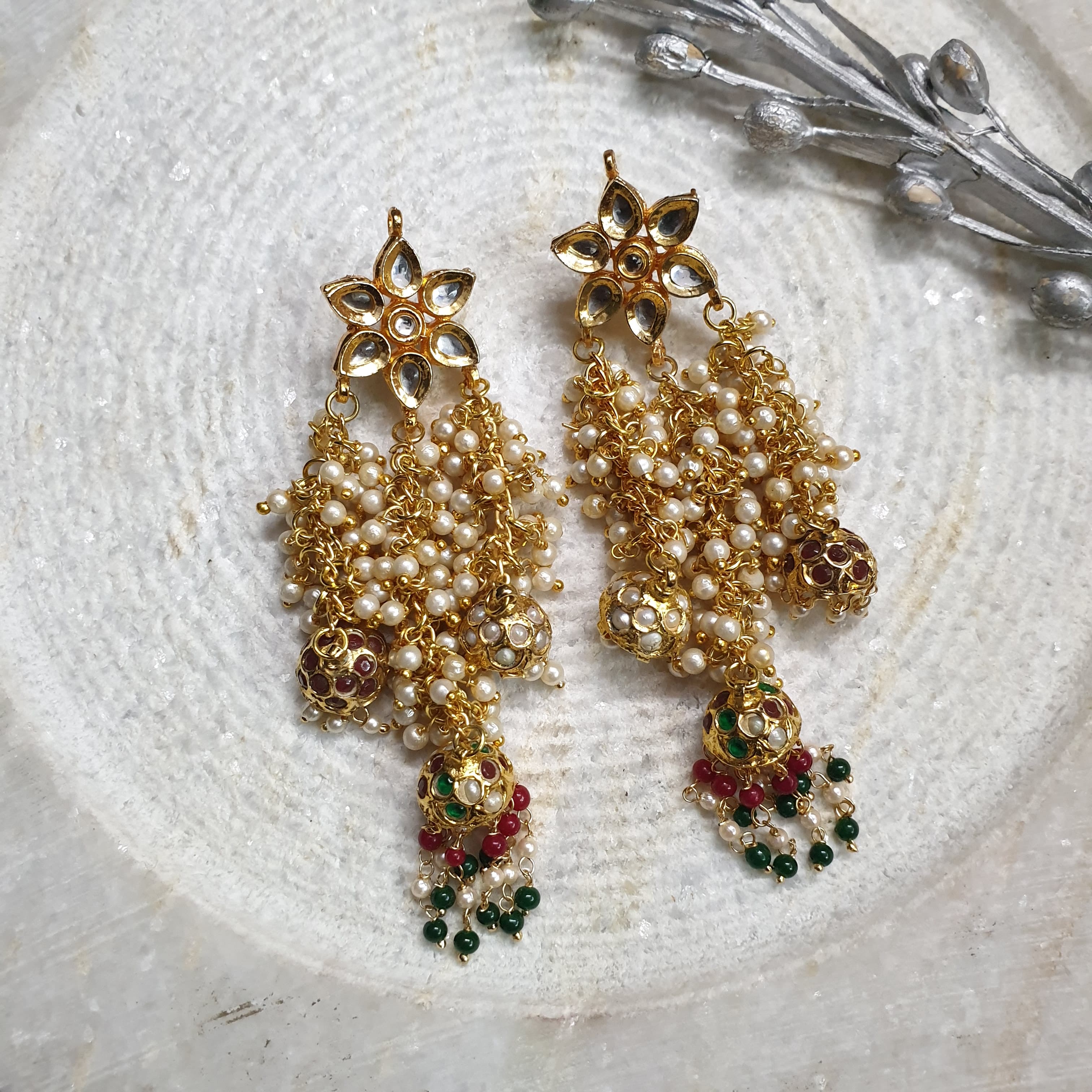 Floral Kundan Jhumki Earrings