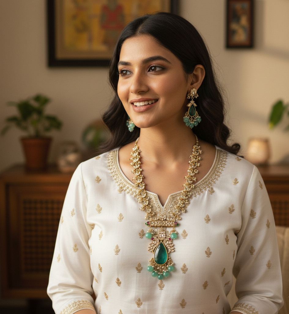Designer Kundan Green Stone Pendant Set With Earrings