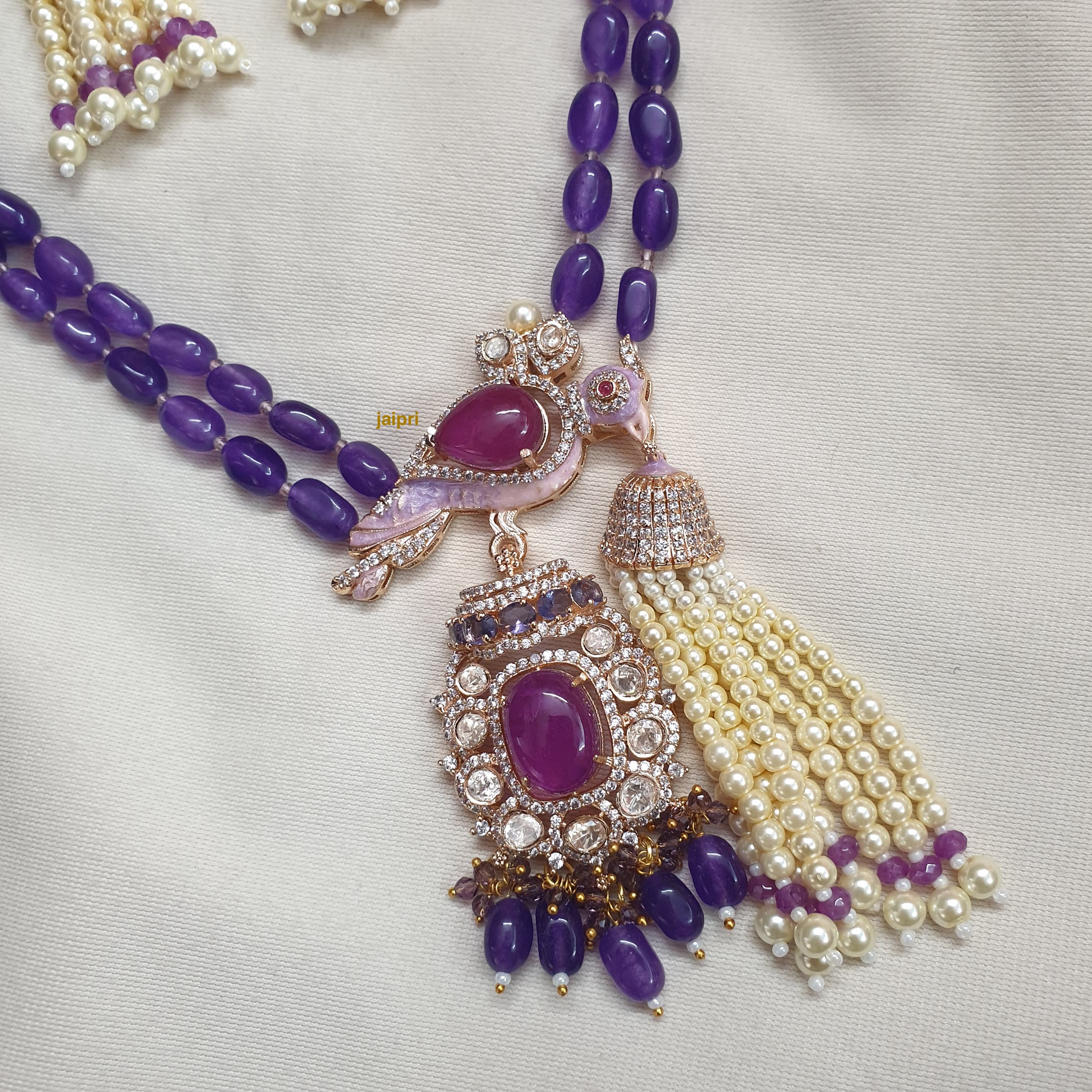 Purple Stone Kundan Polki Bird Pendant Set