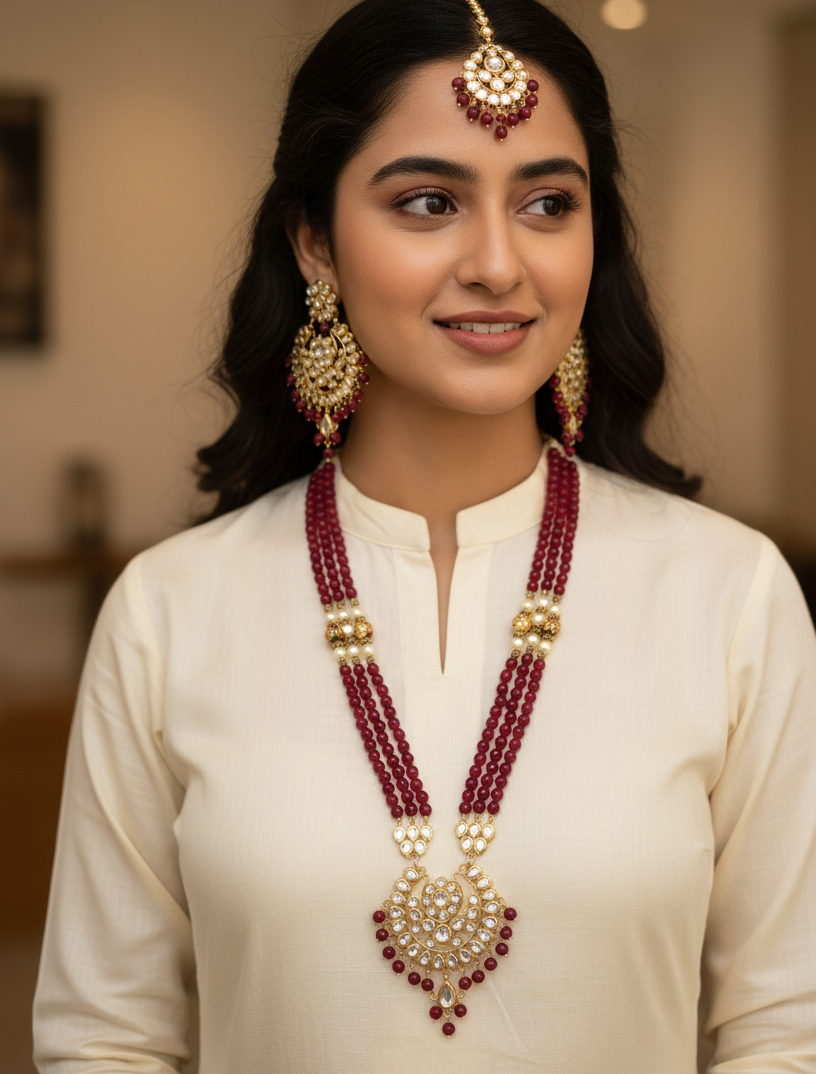 22k Gold Plated Bridal Kundan Pendant Set With Earrings and Maang Tikka