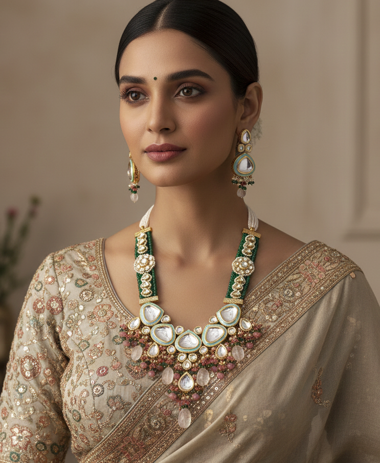 Green Kundan Meenakari Long Necklace Set With Earrings