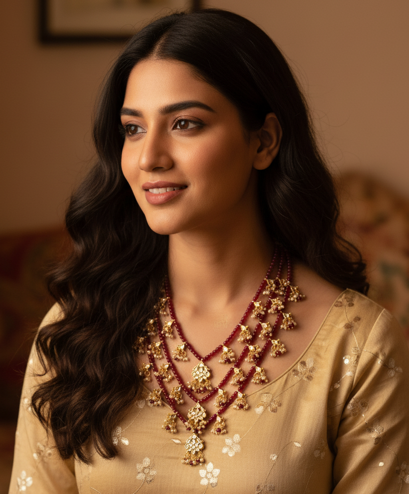 Floral Kundan Ruby Beads Stone Necklace With Earrings