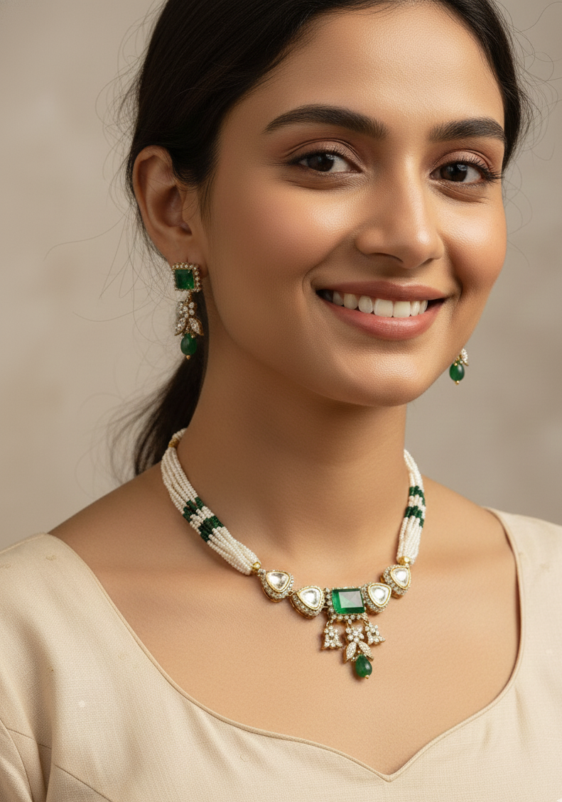 Emerald Stone Polki Choker Necklace