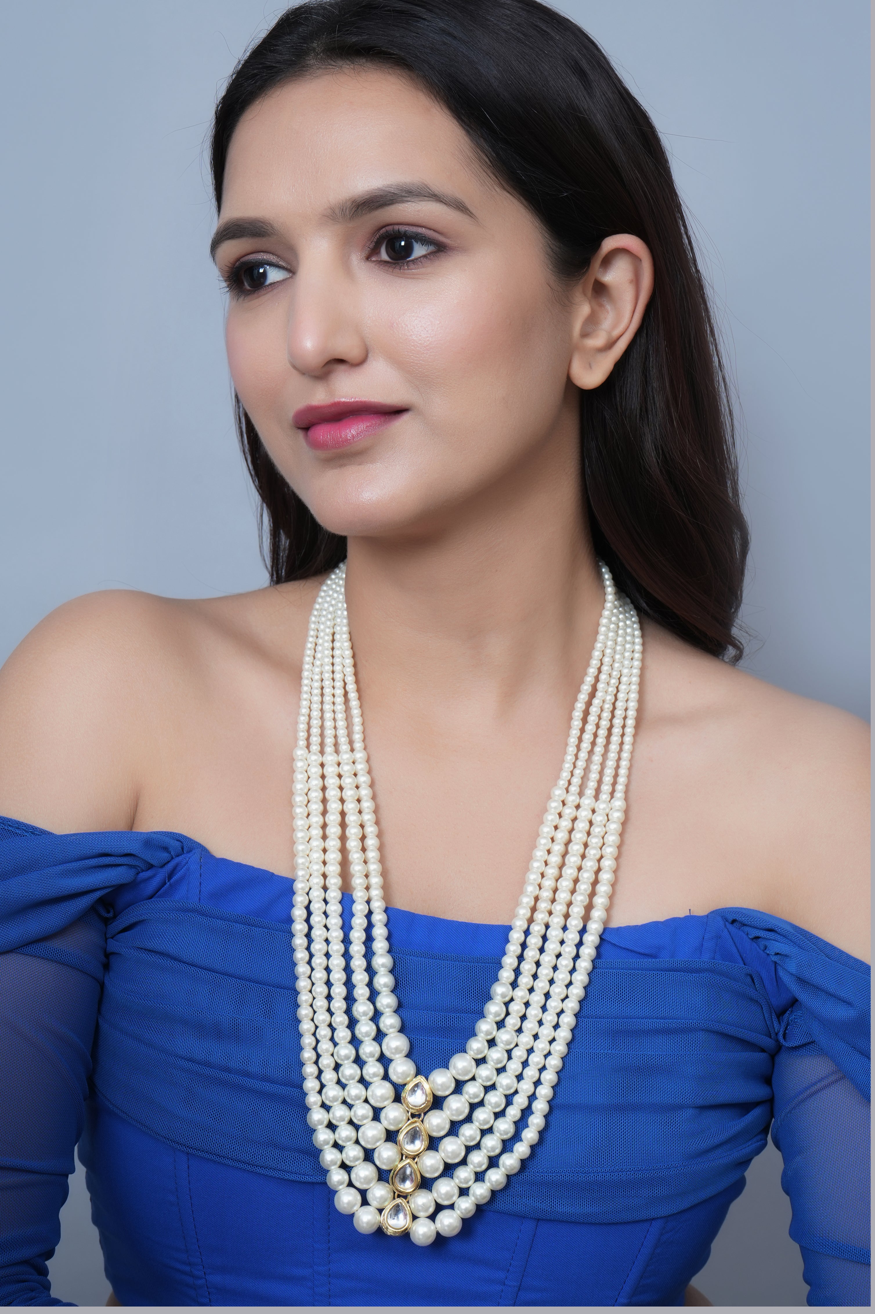 Five Layered Kundan Pearl Long Necklace