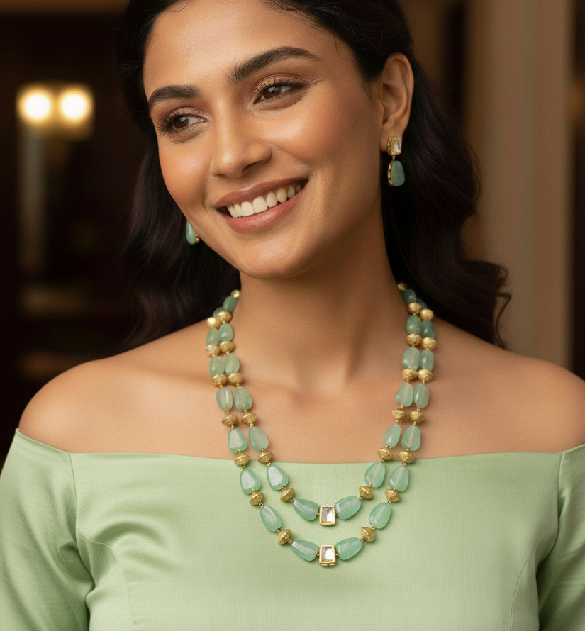 Gold Tone Green Stone Beaded Necklace