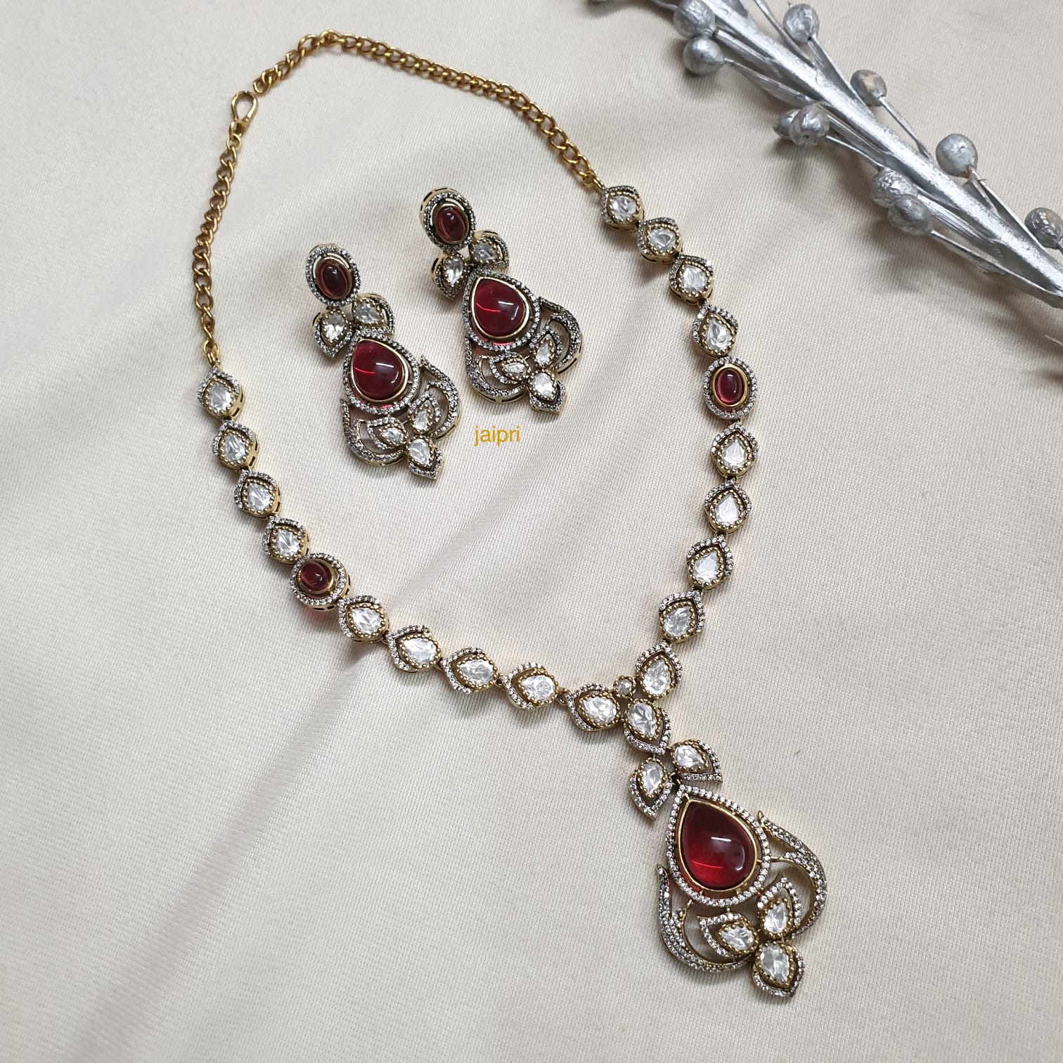 Ruby Red Stone Moissanite Kundan Premium Necklace With Earrings