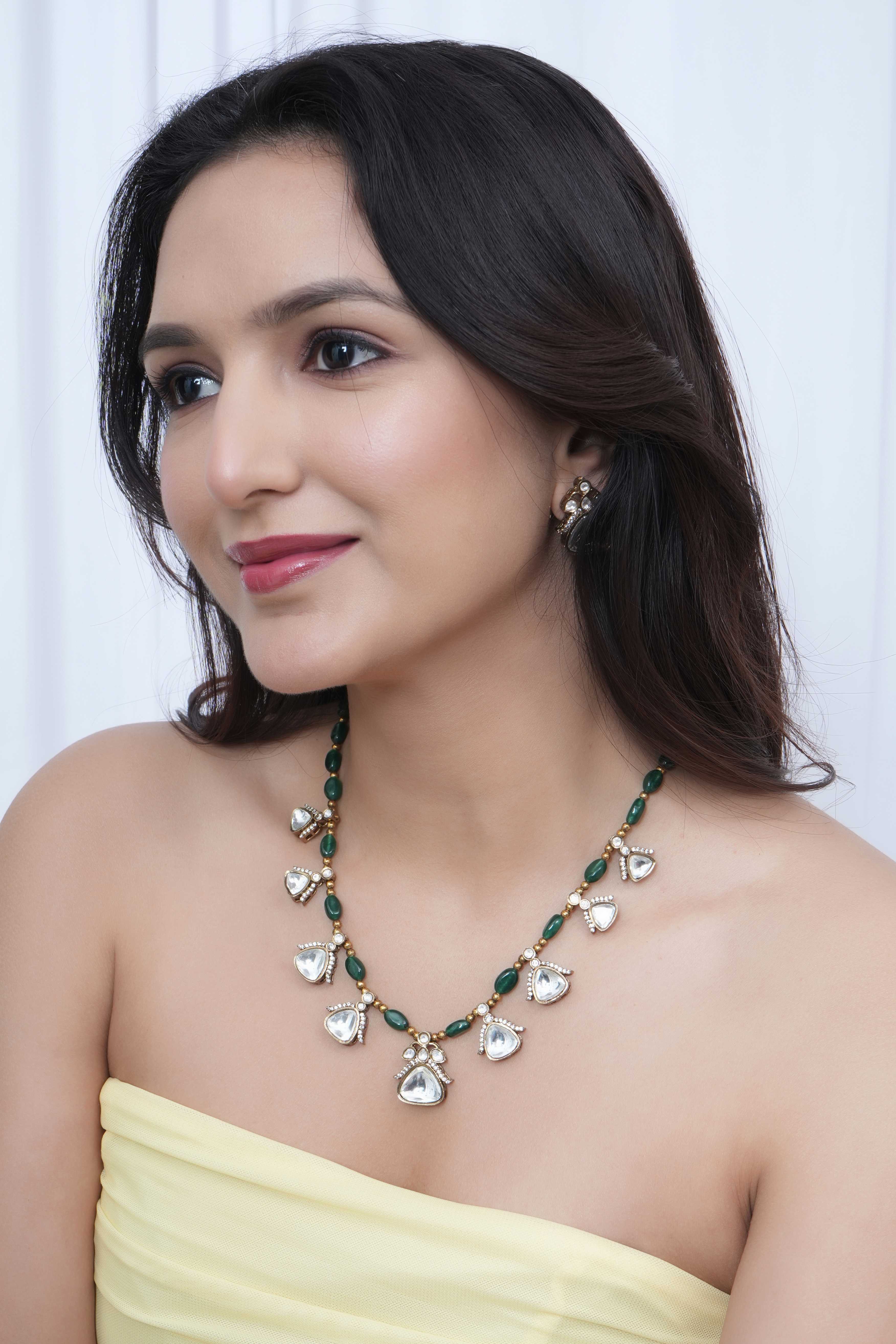 Green Stone Kundan Polki Delicate Necklace