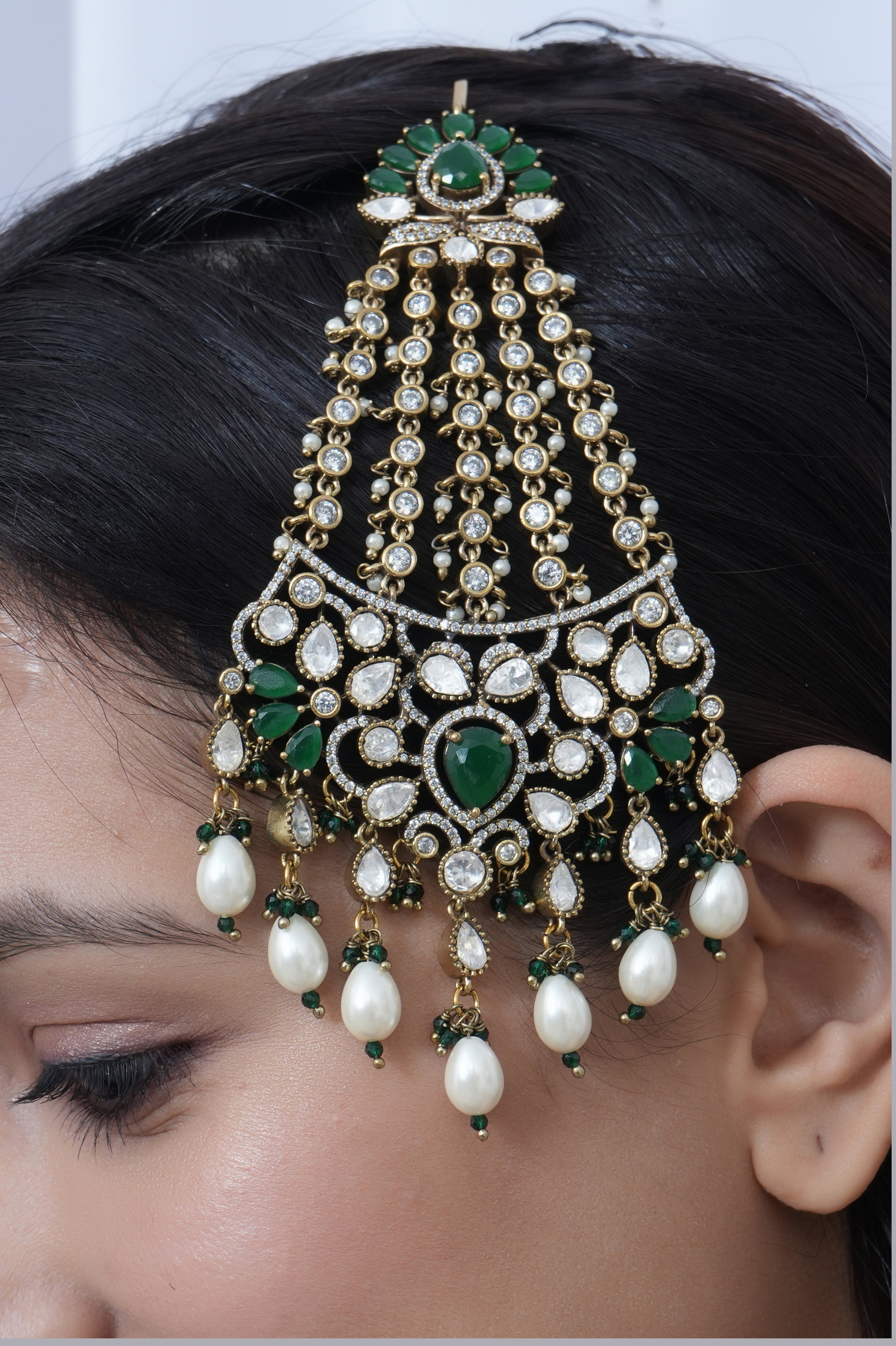 Premium Kundan Polki Bridal Green Stone Head Passa