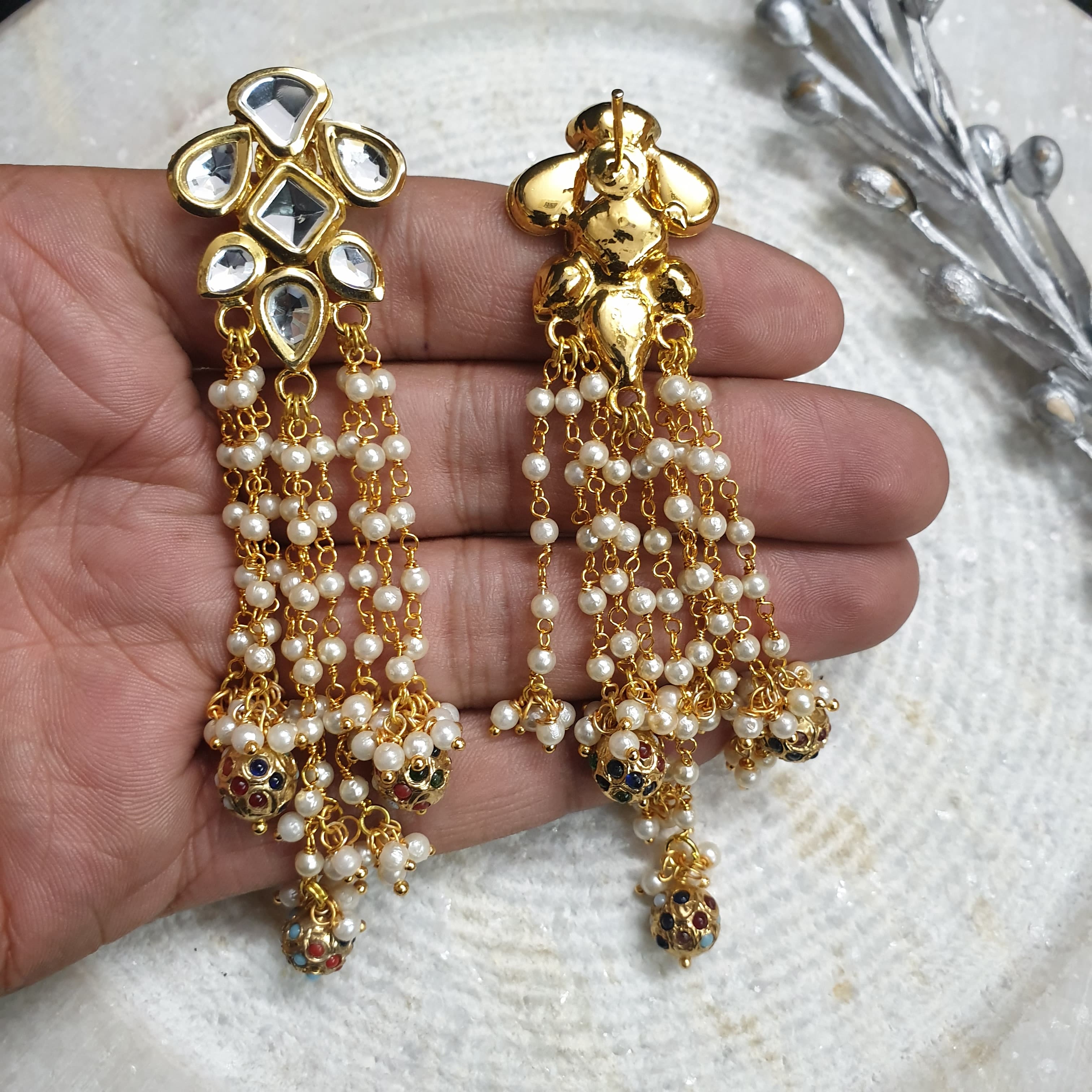 22k Gold Plated Pearl Kundan Earrings