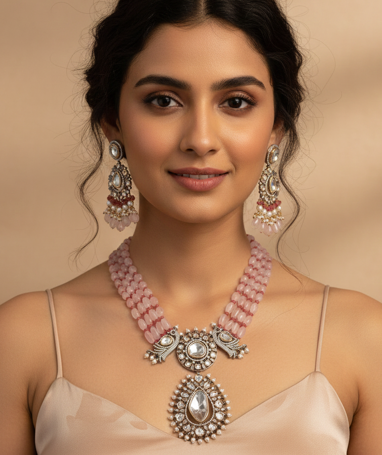 Rose Quartz Uncut Mossansite Kundan Pendant Set