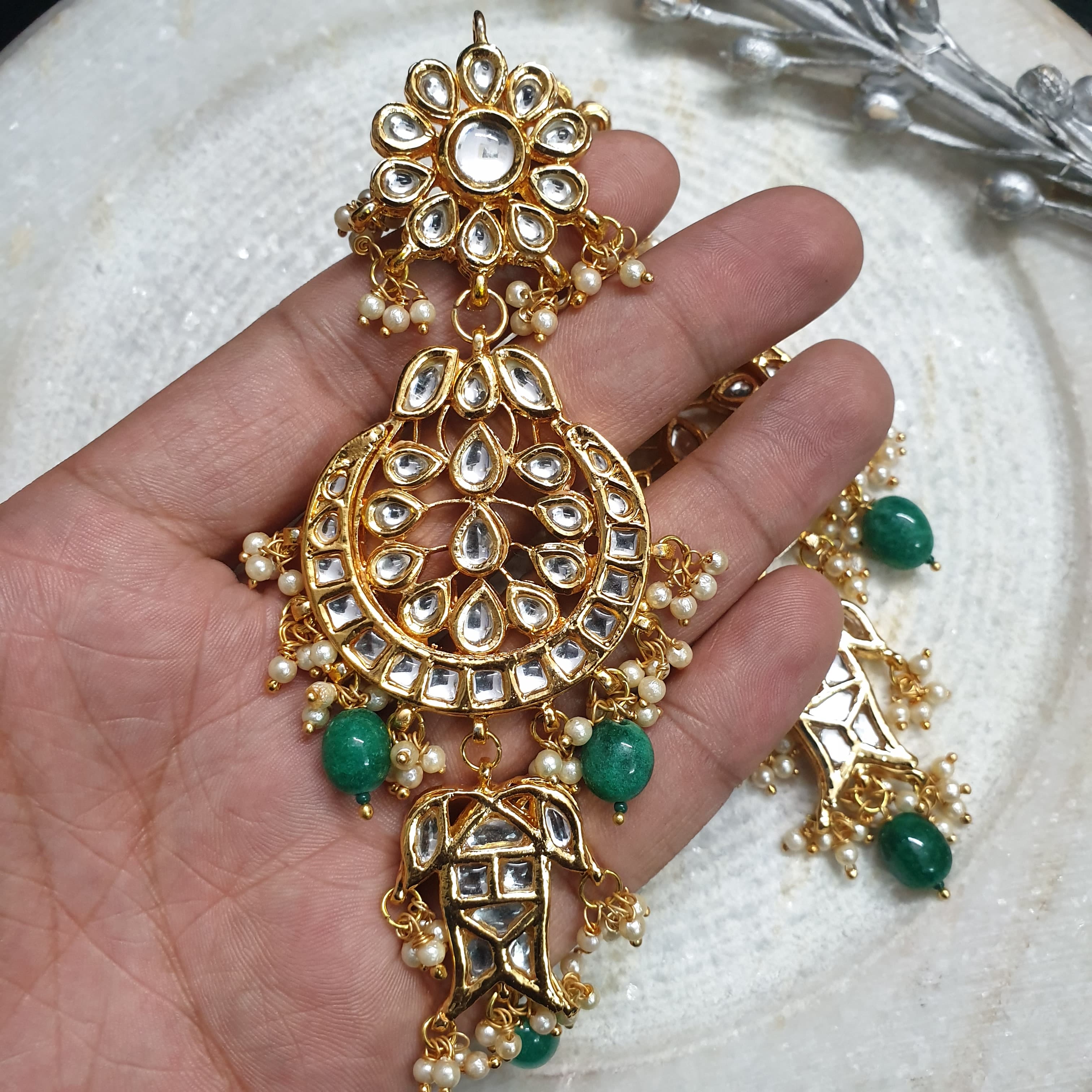Gold Plated Kundan Long Chandbali With Green Beading