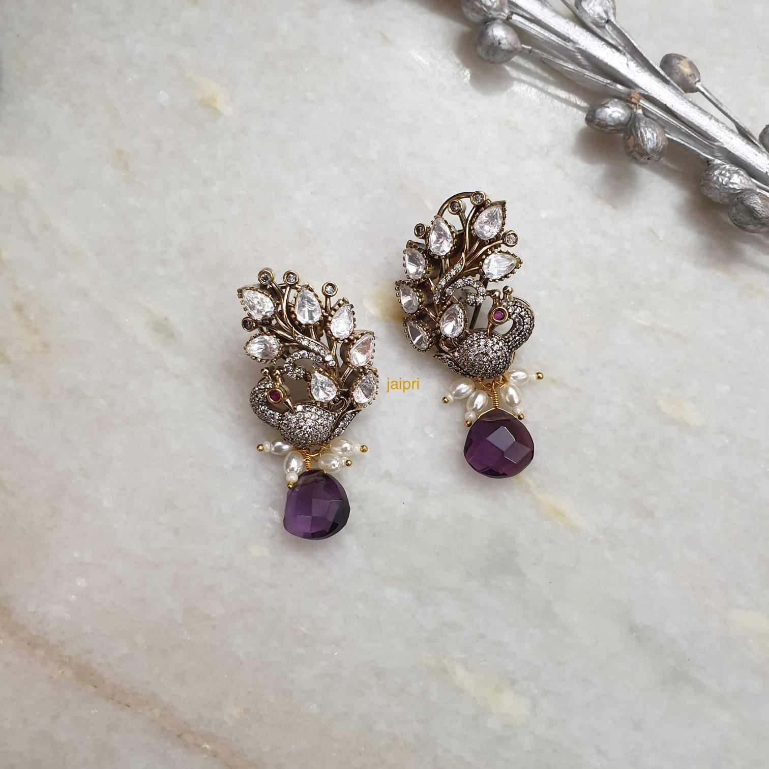 Purple Stone Peacock Moissanite Earrings