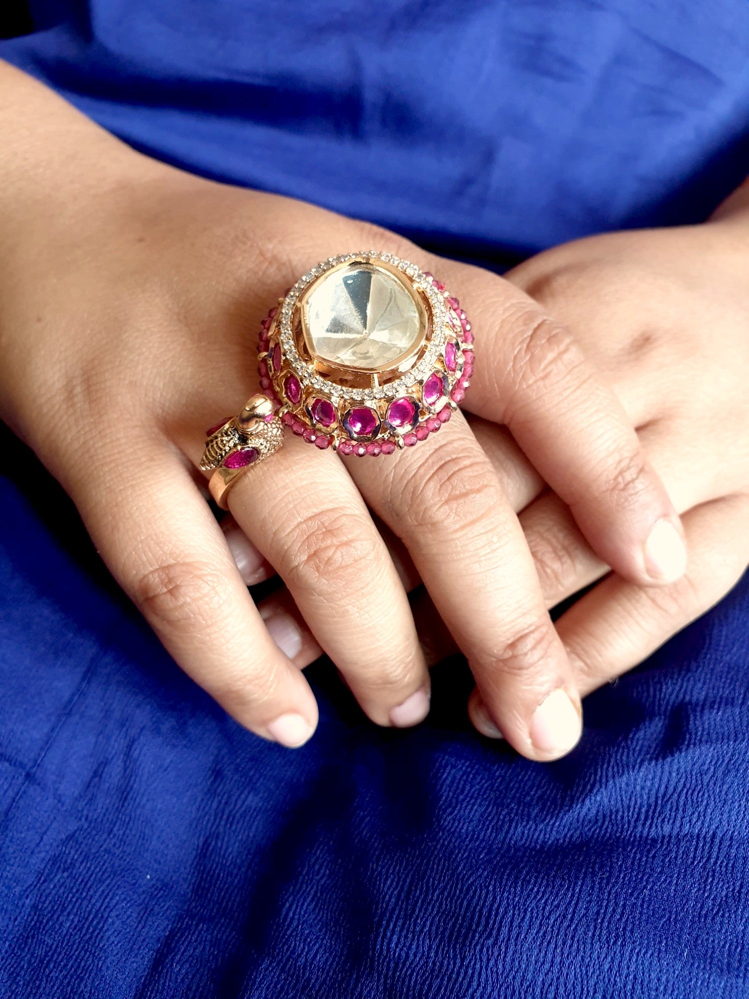 Pink Stone Kundan Polki Designer Adjustable Ring