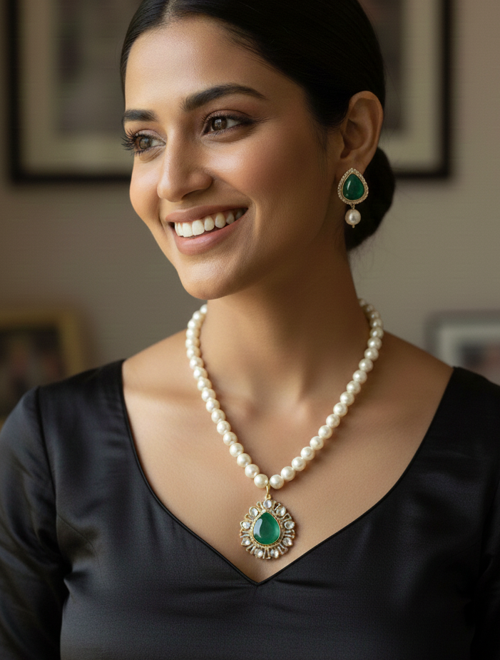 Emerald Stone Polki Drop Pearl Pendant Set