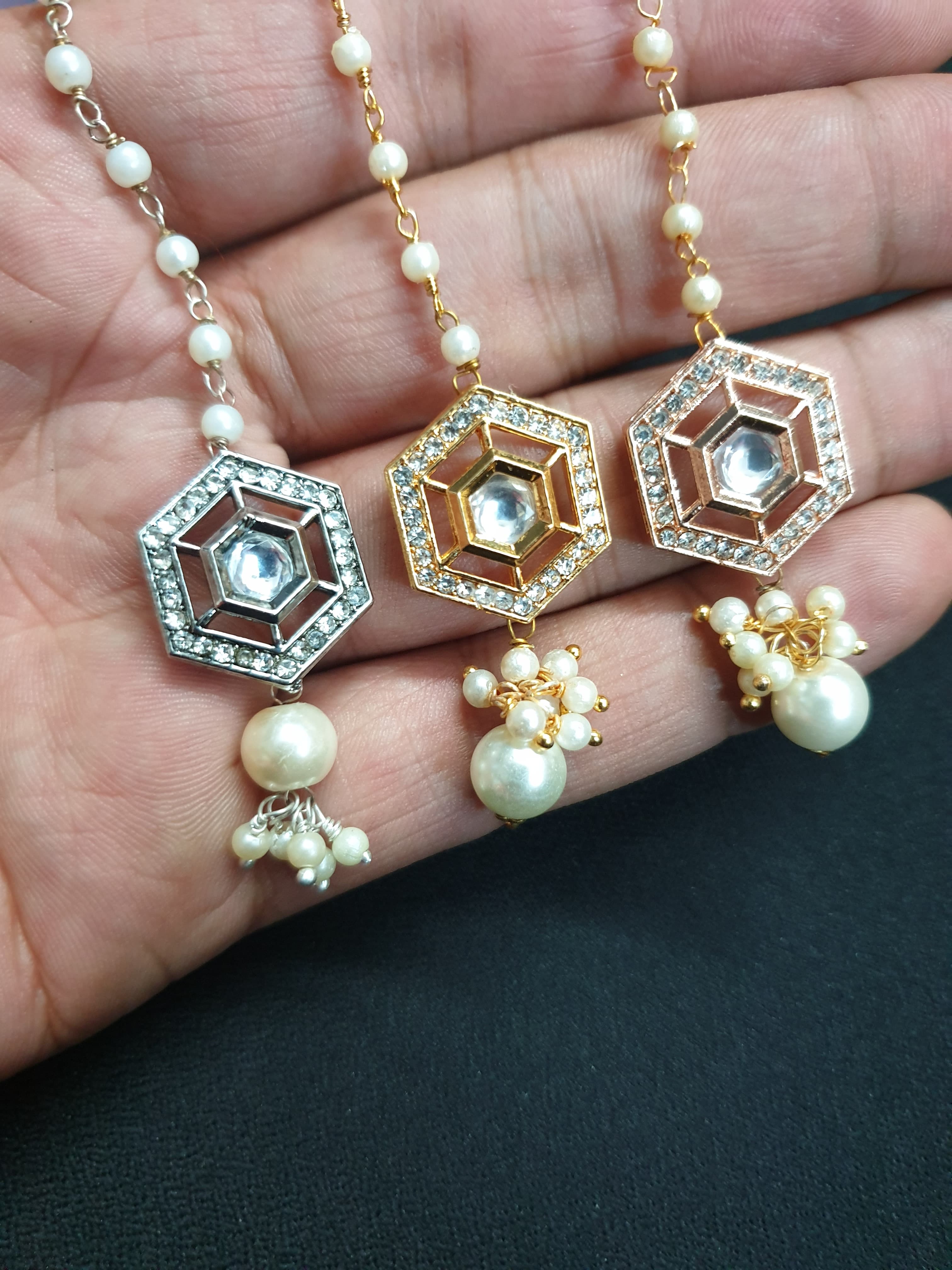 Designer Kundan Polki Pearl Beaded Maang Tikka (Pack of Three)