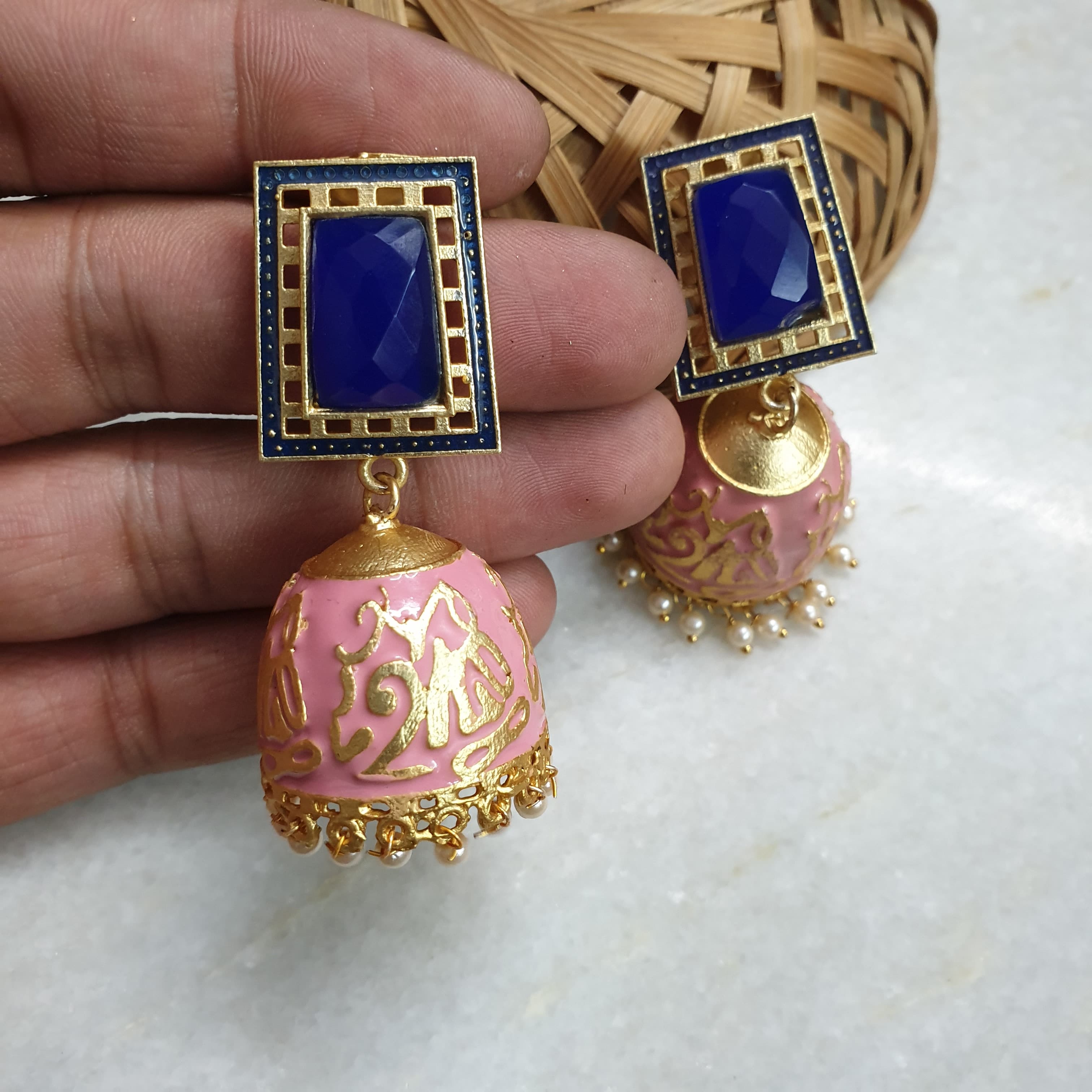 Light Weight Blue Pink Meenakari Jhumki Earrings