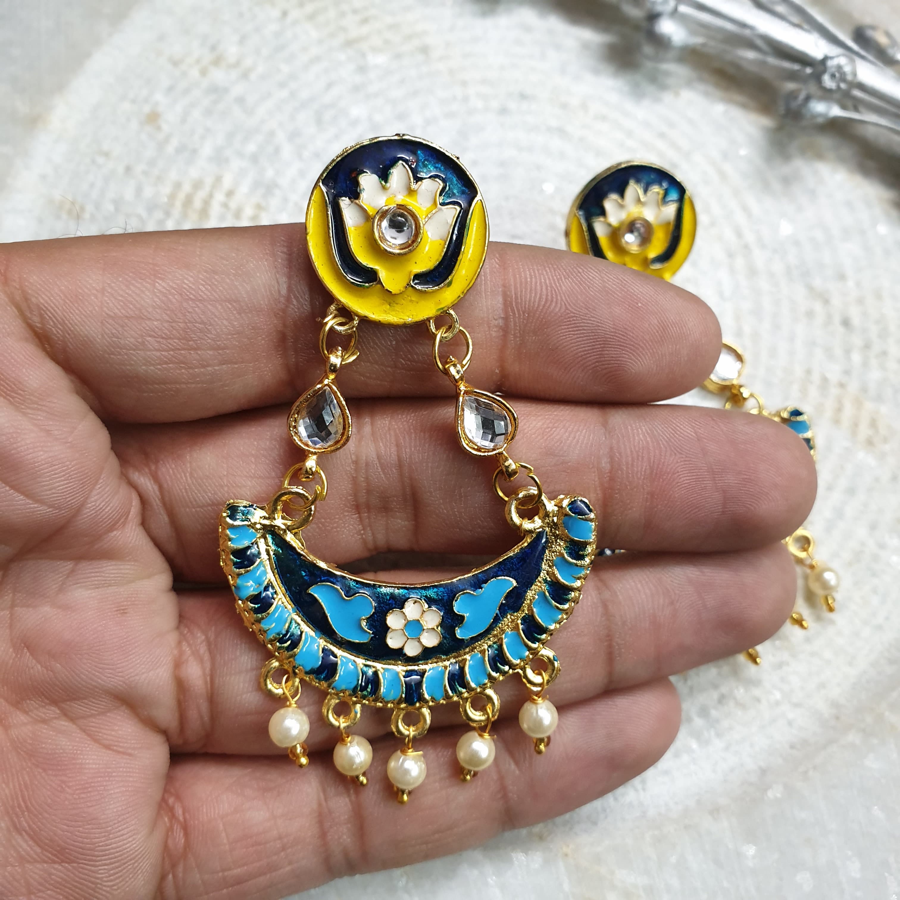 Light Weight Yellow Blue Meenakari Earrings
