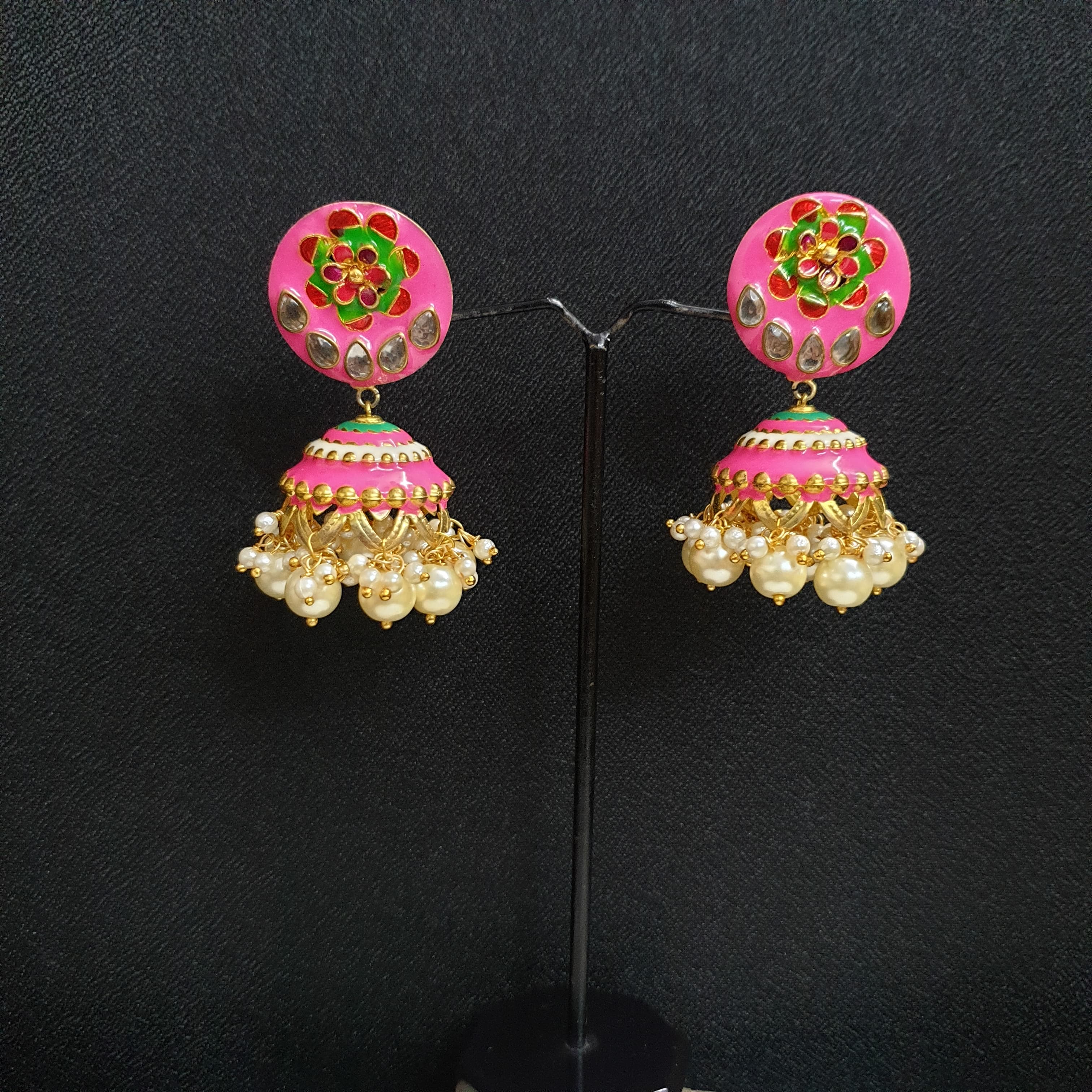 Gold Tone Pink Meenakari Jhumki Earrings