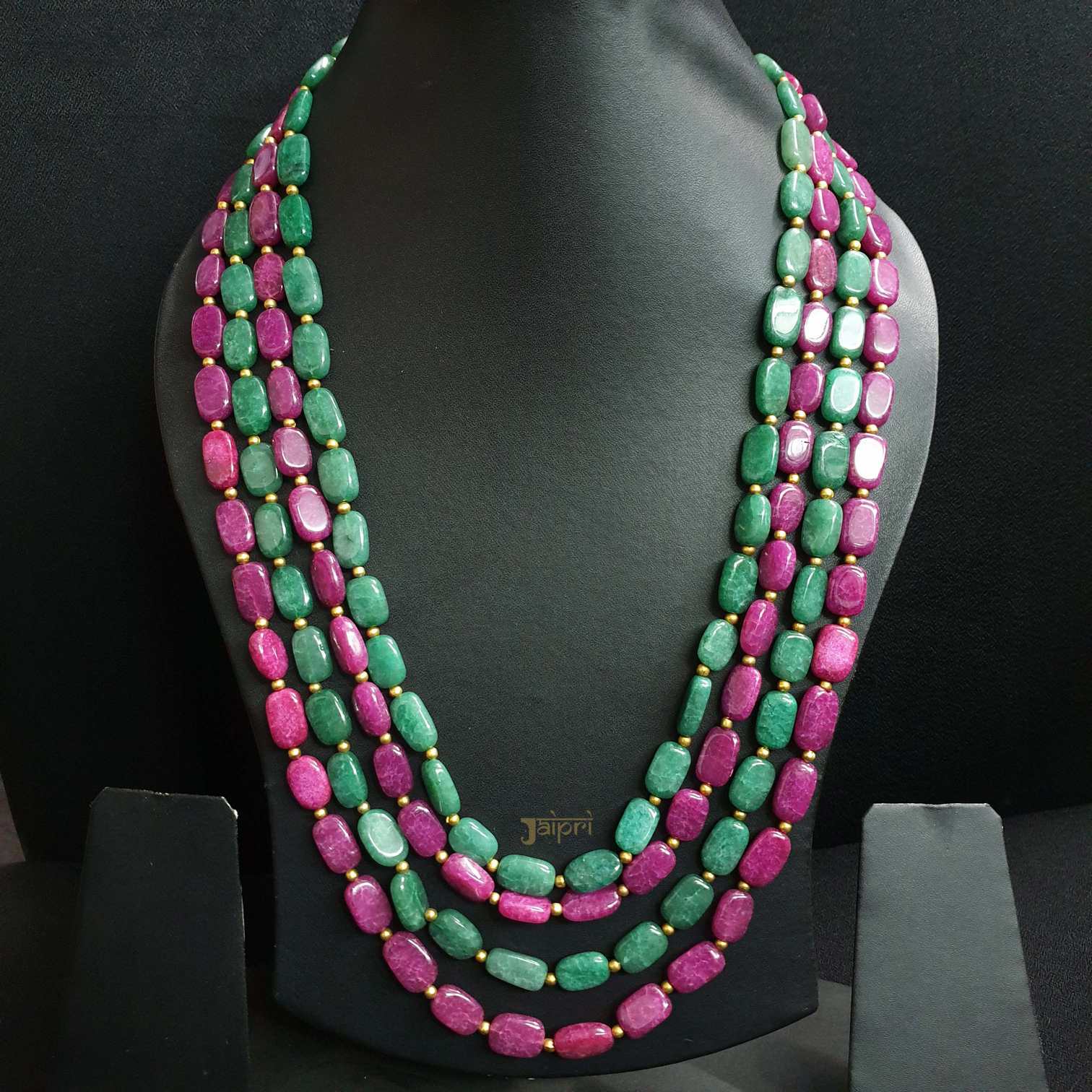 Multilayered Pink & Emerald Green Beads Stone Necklace