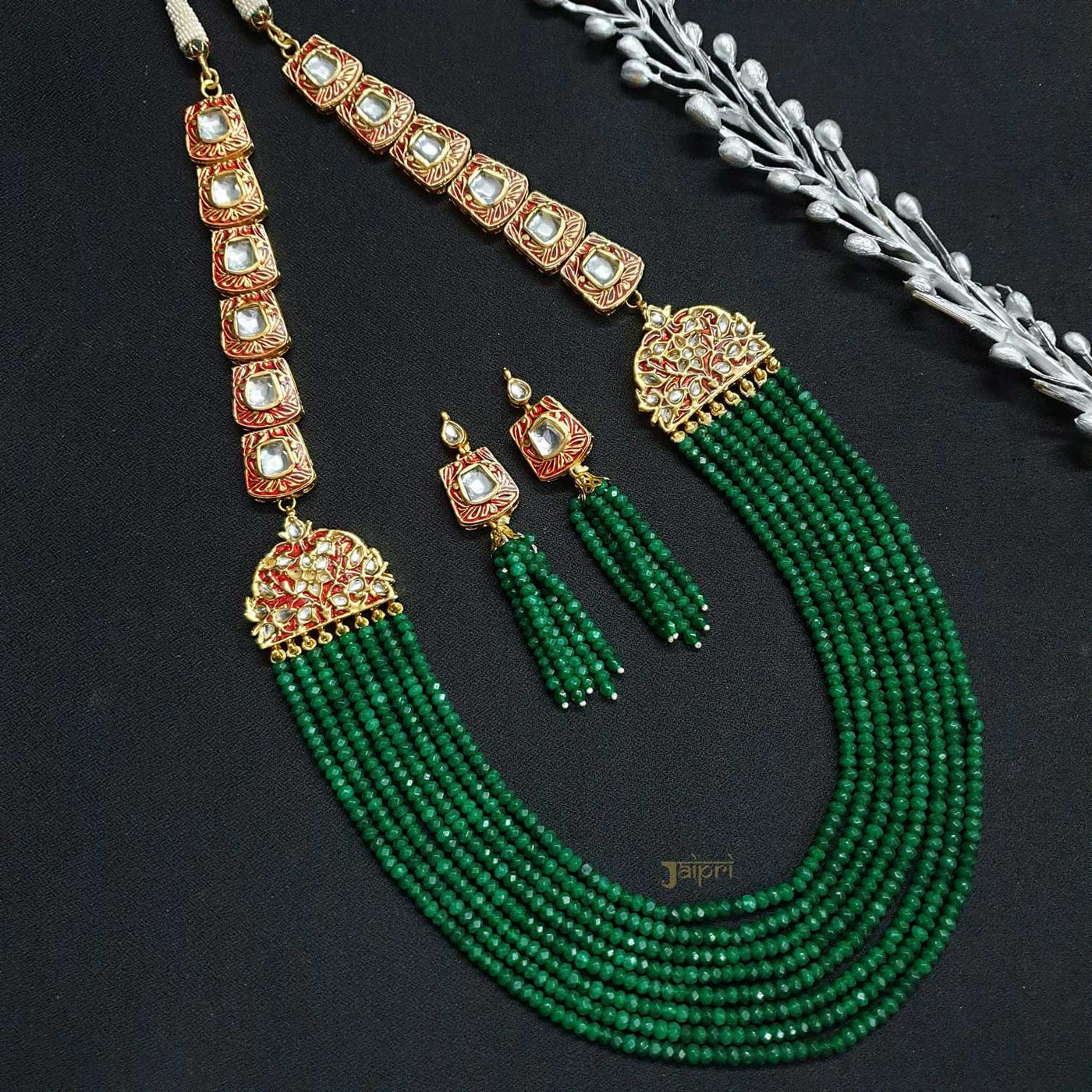Meenakari & Kundan Green Beads Stone Necklace With Earrings