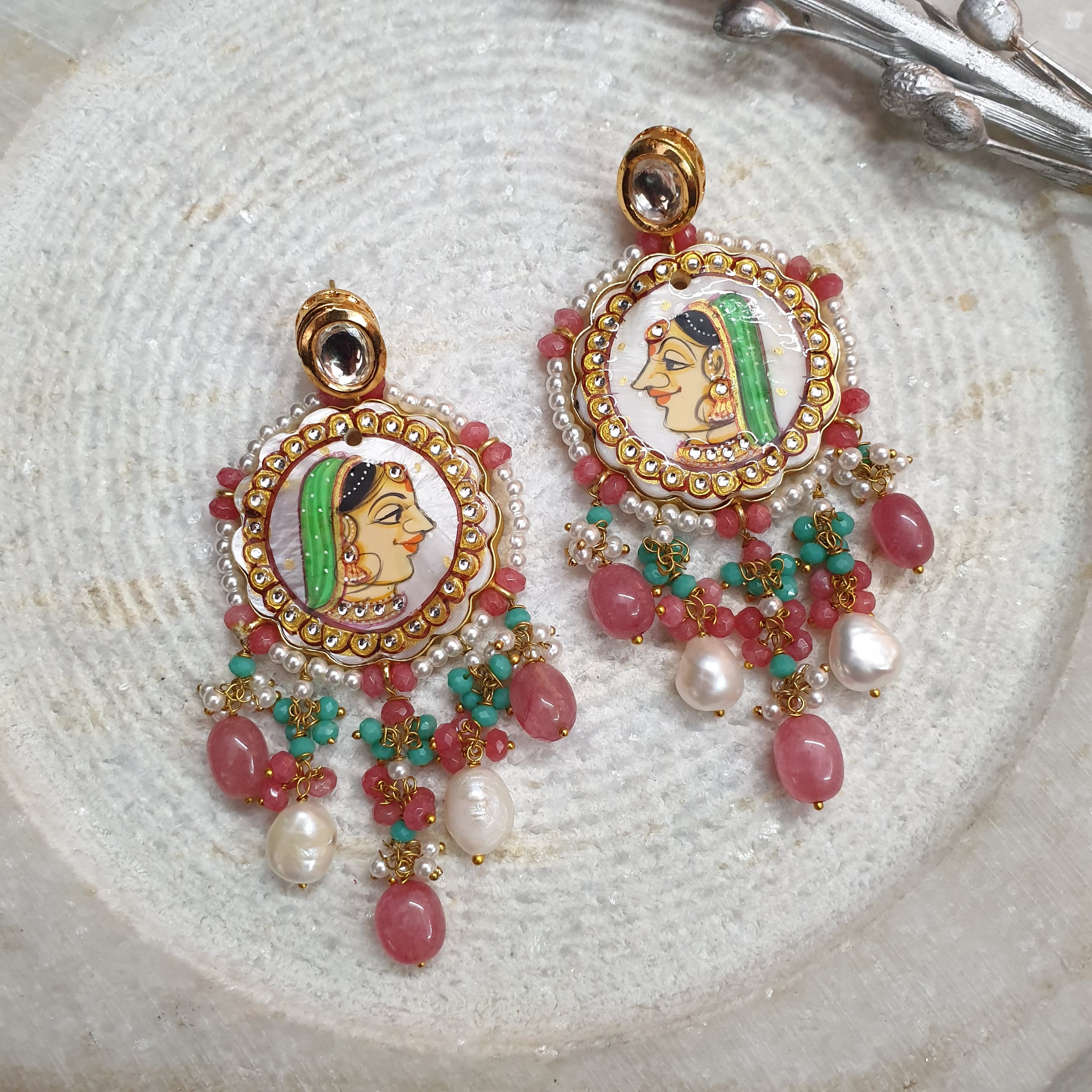 Rose-Quartz & Pearl Stone Hand-Painted Earrings