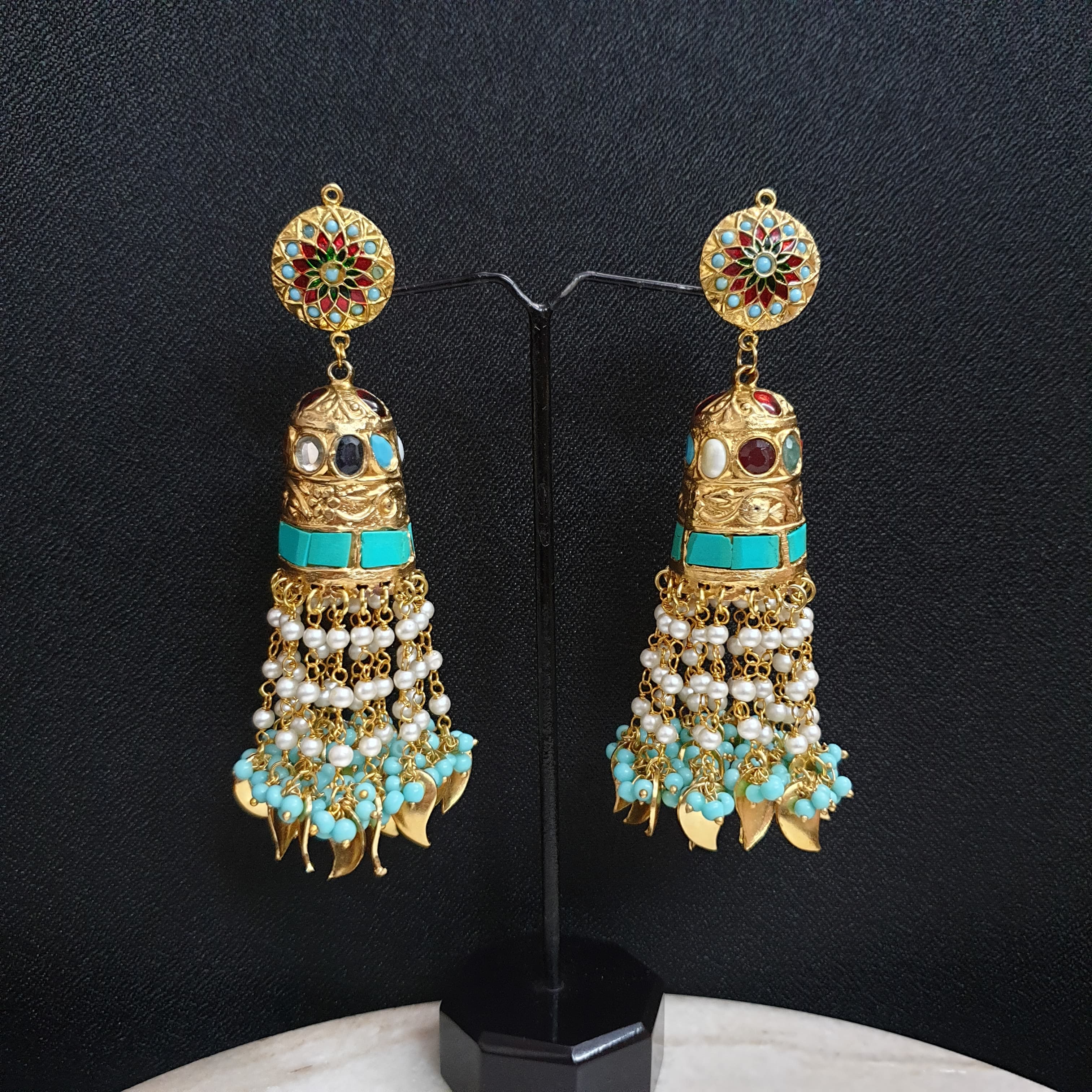 Turquoise Stone Jadau Jhumki Long Earrings