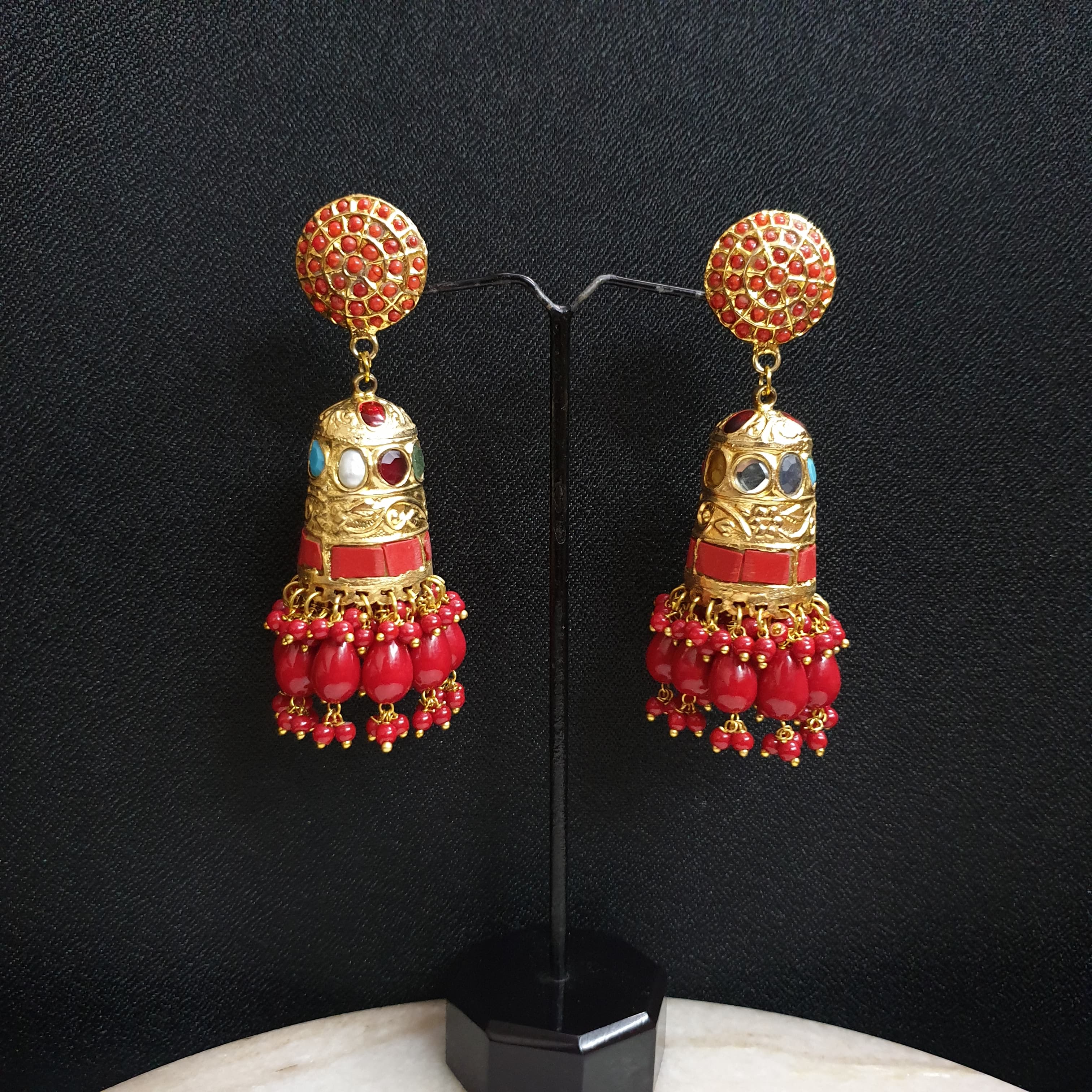 Jadau Coral Beads Long Earrings