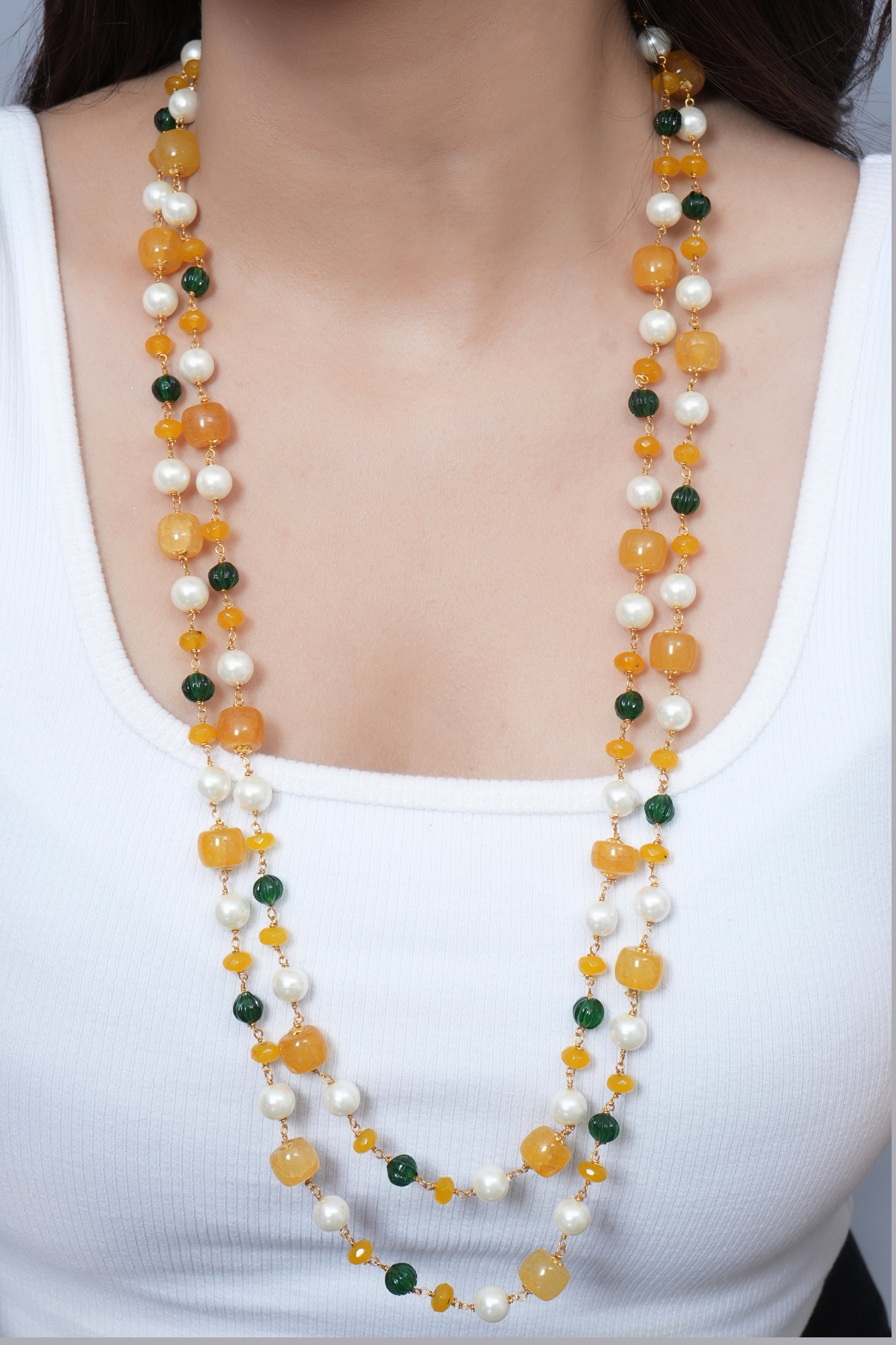 Yellow Stone Double Layered Beads Pearl Long Mala