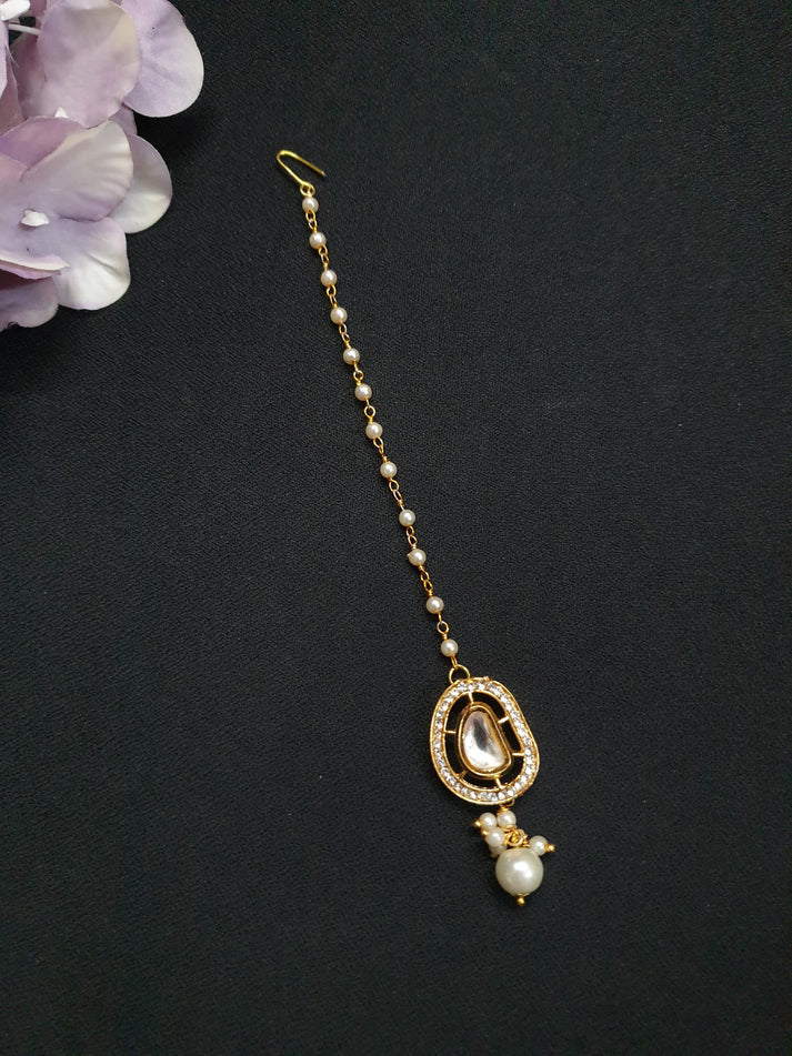 Gold Premium Kundan Polki Pearl Beaded Maang Tikka