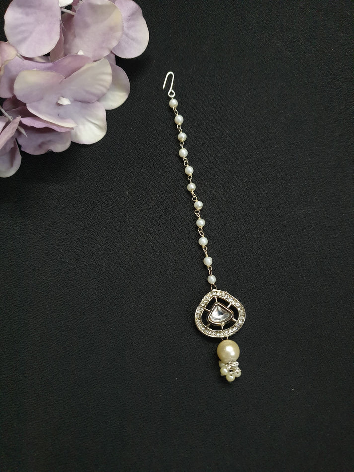 Silver Kundan Polki Pearl Beaded Maang Tikka