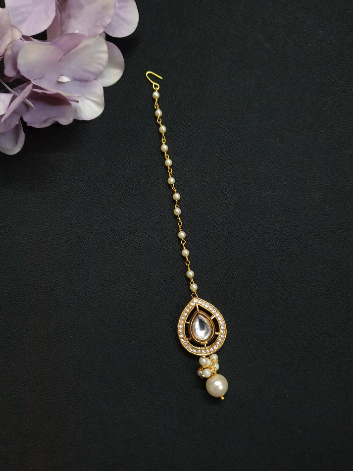 Gold Teardrop Kundan Polki Pearl Beaded Maang Tikka