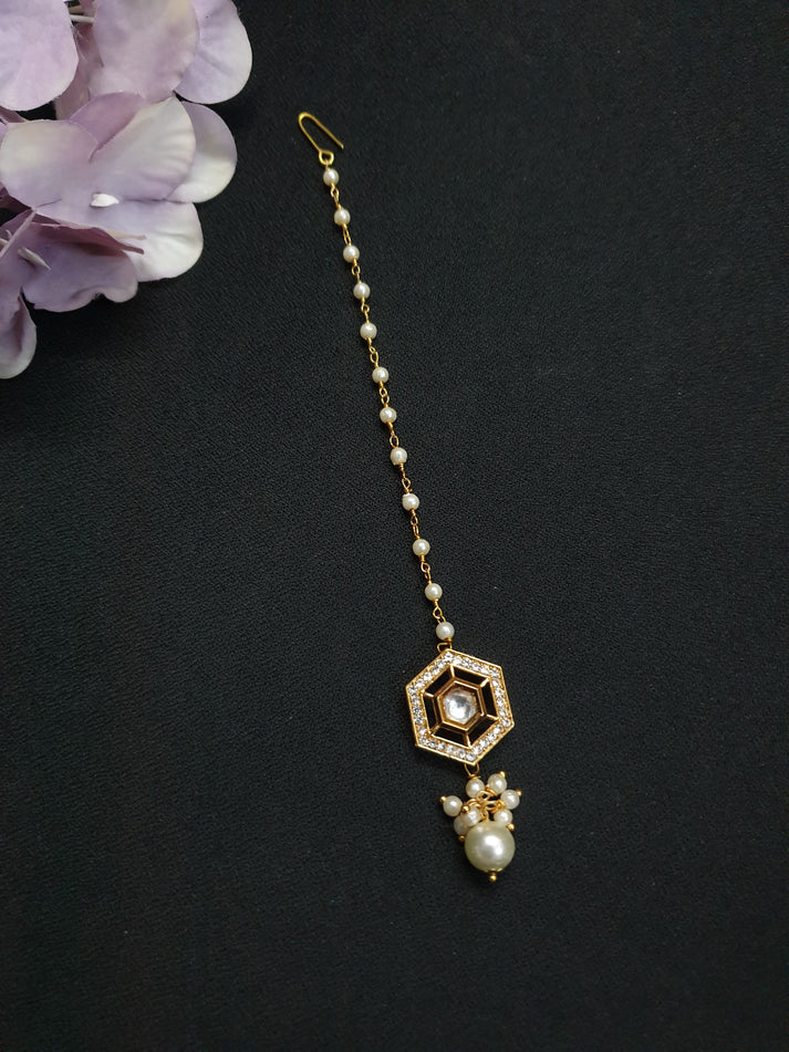 Gold Designer Kundan Polki Pearl Beaded Maang Tikka