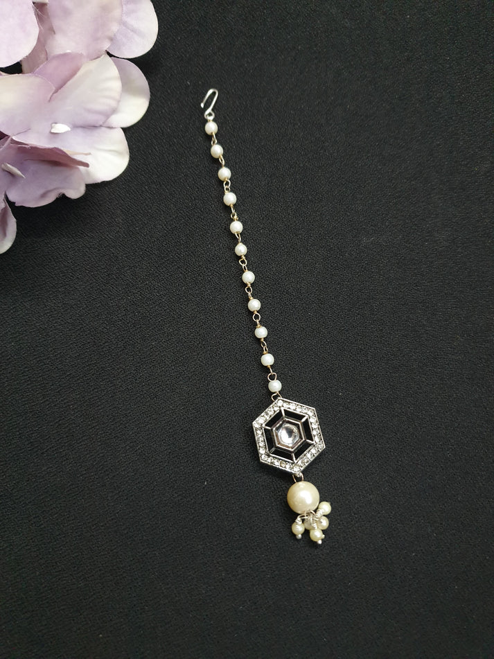 Silver Designer Kundan Polki Pearl Beaded Maang Tikka