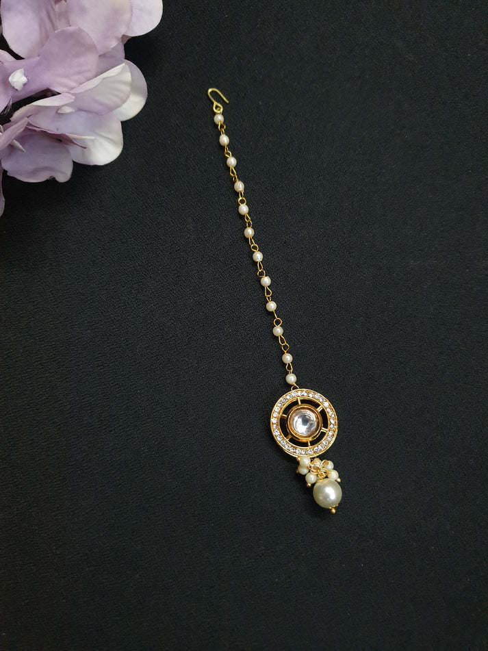 Gold Kundan Polki Pearl Beaded Maang Tikka