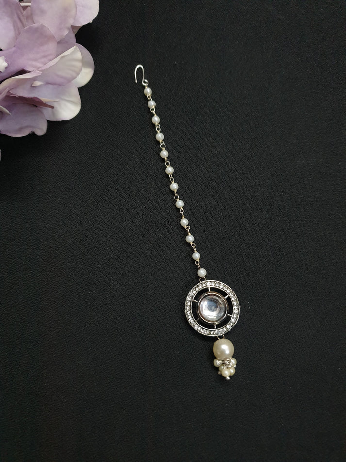 Silver Kundan Polki Pearl Beaded Maang Tikka