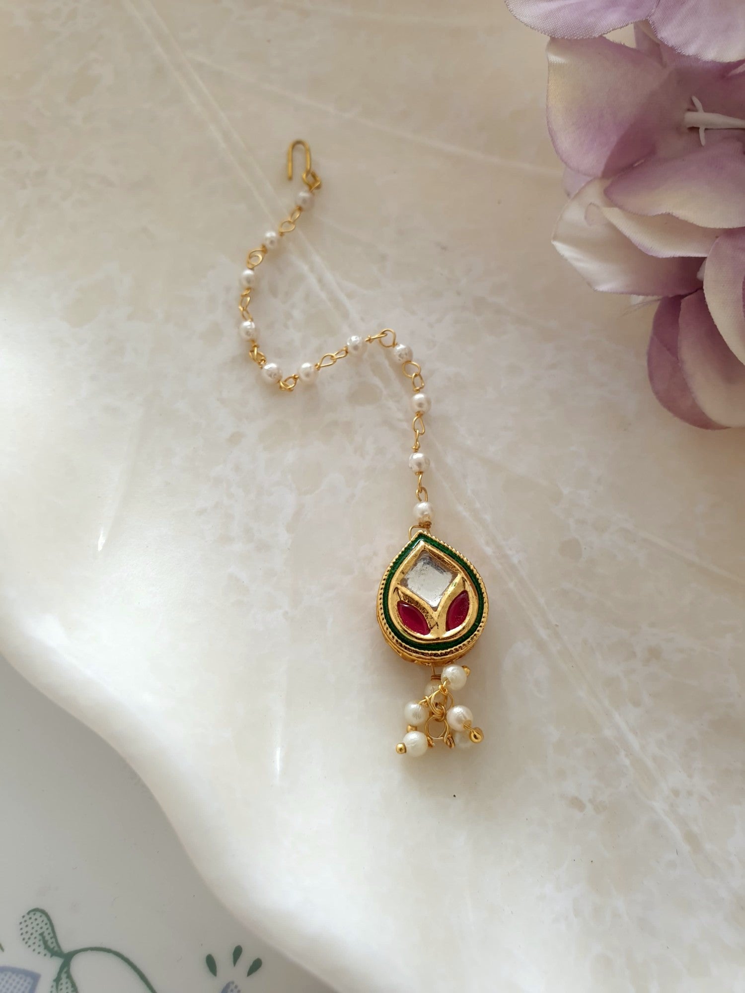 Tear-Drop Design Pearl Stone Meenakari Work Maang Tikka