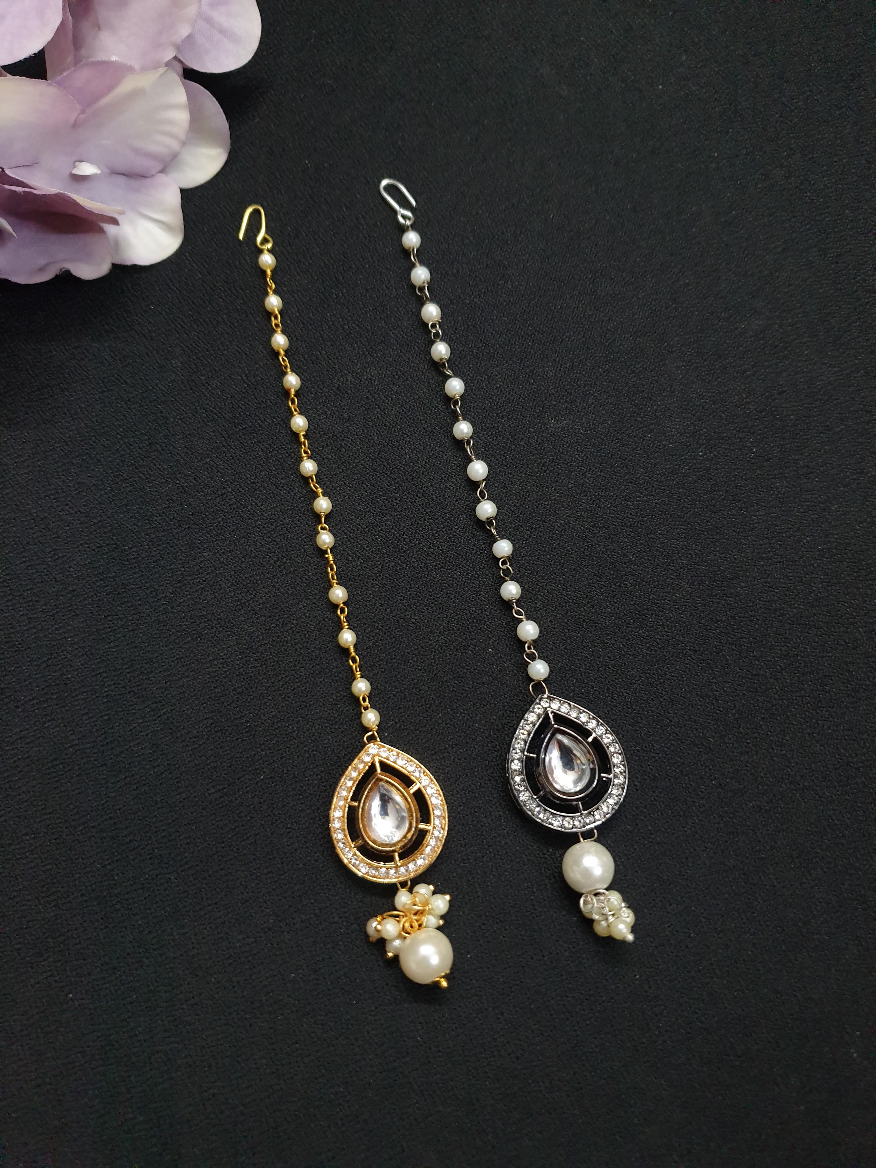 Teardrop Kundan Polki Pearl Beaded Maang Tikka (Pack of Two)