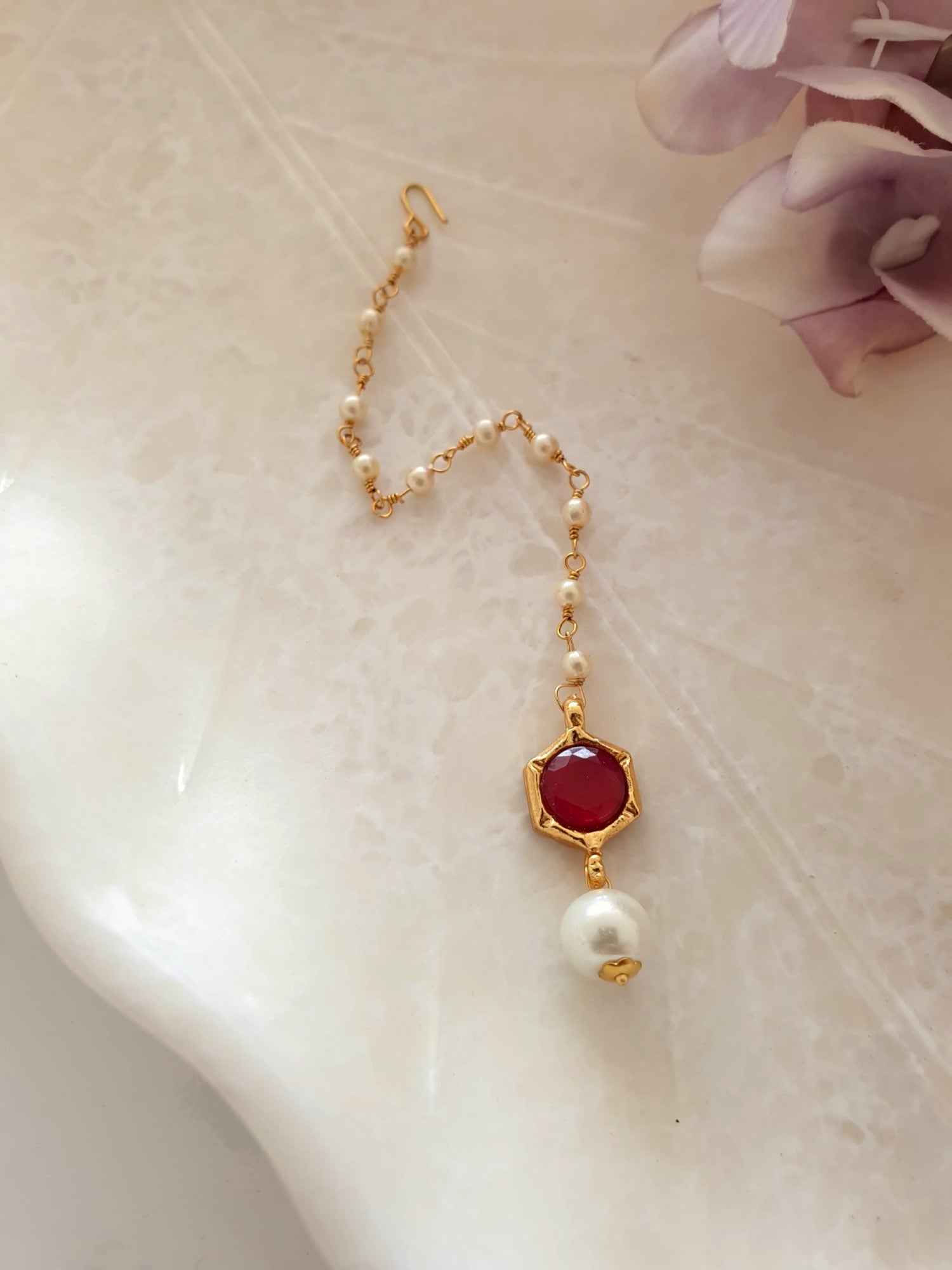 Red Stone Meenakari Pearl Beaded Maang Tikka