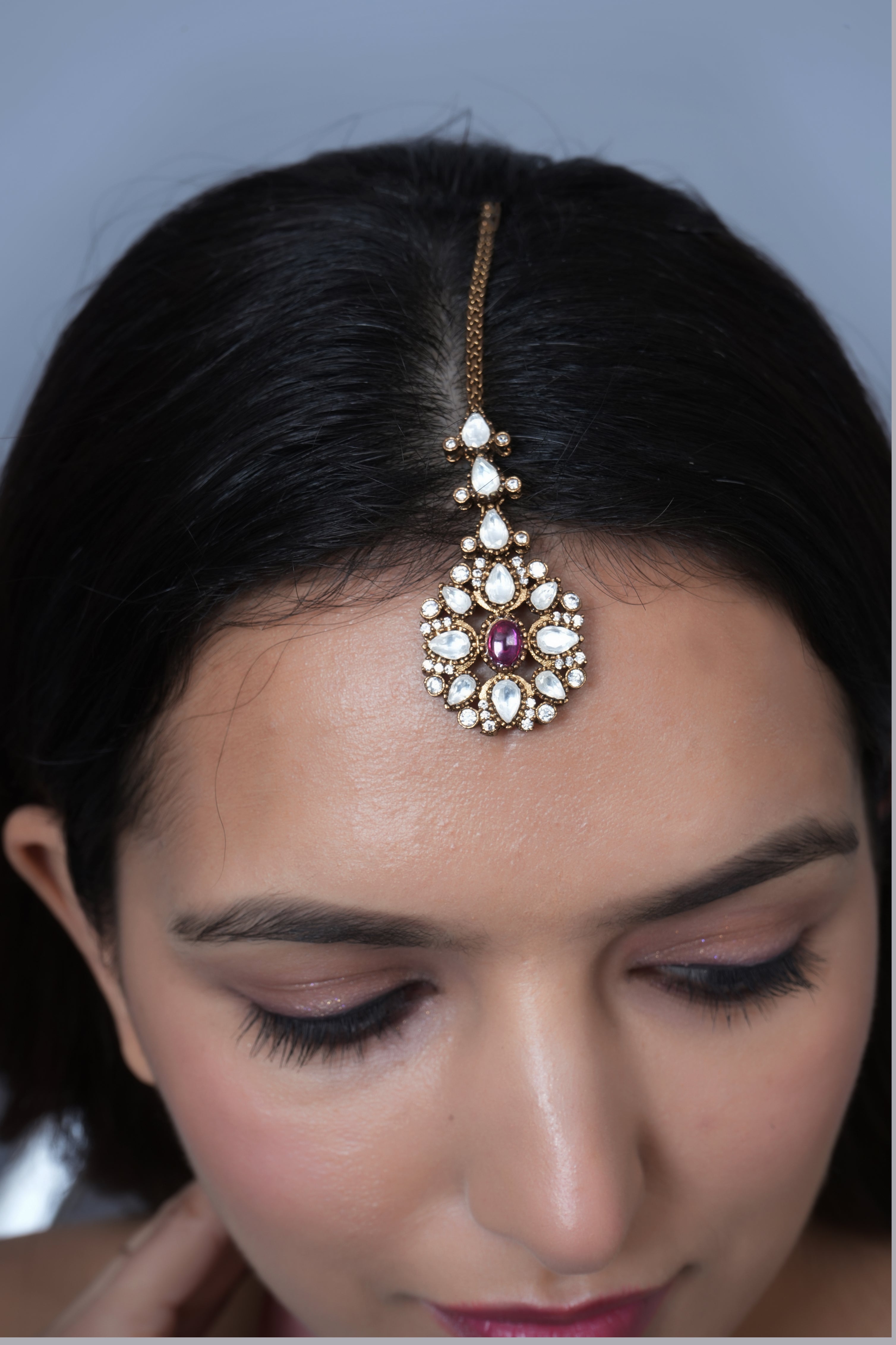 Dark Pink Stone Designer Kundan Maang Tikka